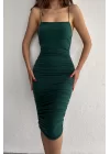 Kadın Zümrüt Yeşili Askılı Büzgülü Elbise 0956-0176