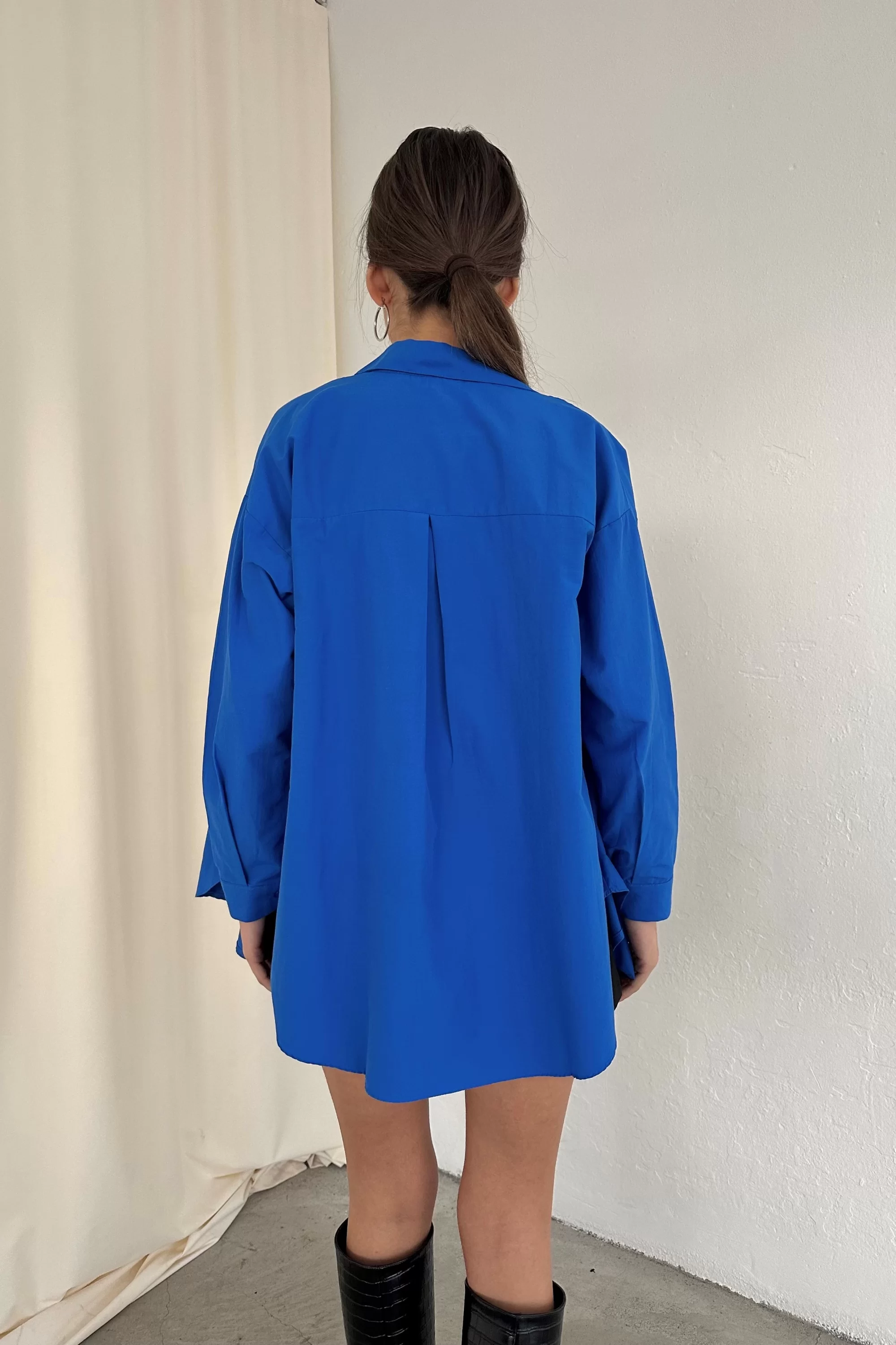 Kadın Saks Oversize Klasik Gömlek 0990-2647