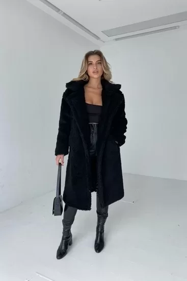 Kadın Siyah Cepli Çift Düğmeli Uzun Peluş Teddy Kaban 0993-2121