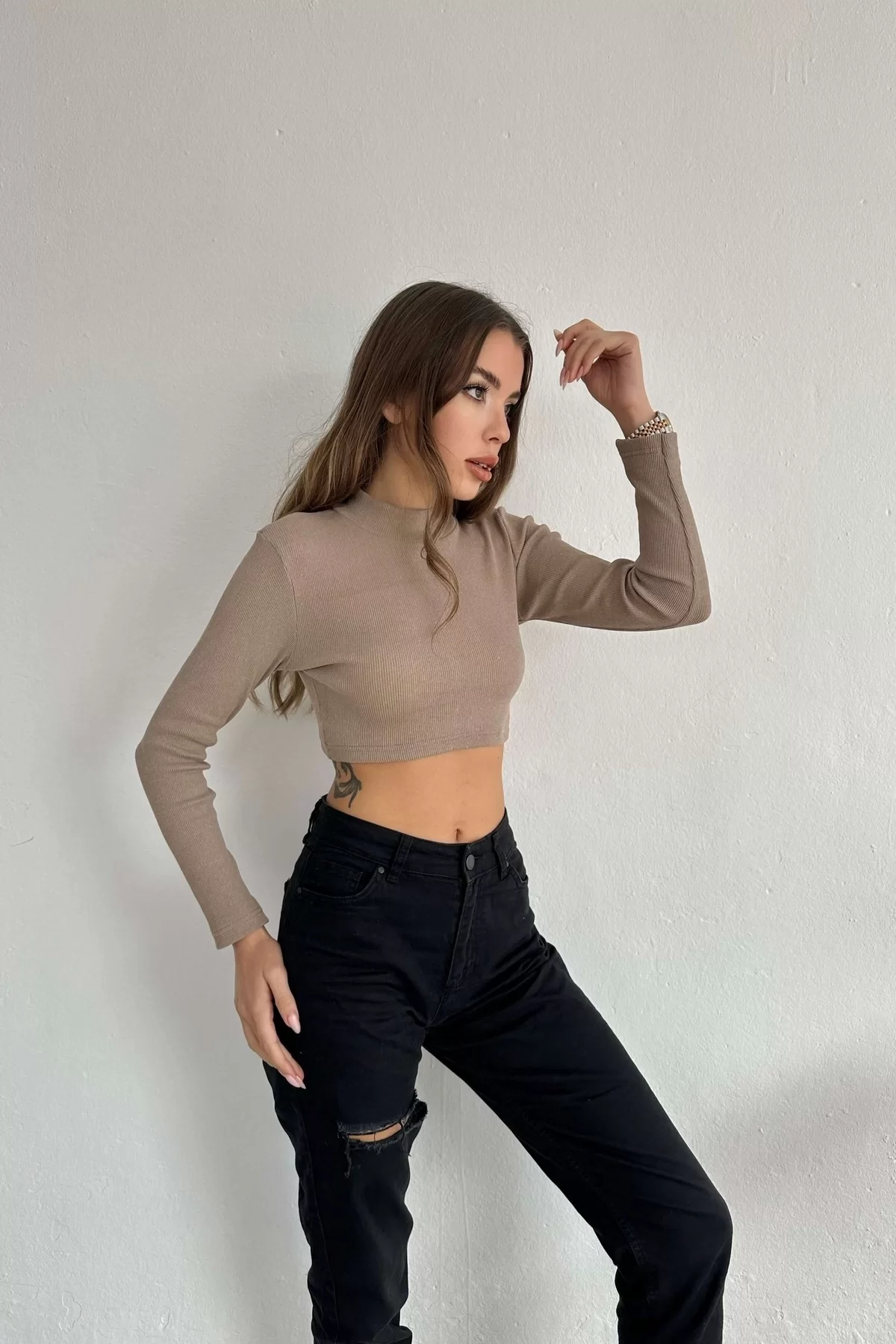 Kadın Vizon Dik Yaka Fitilli Basic Crop 0956-1377