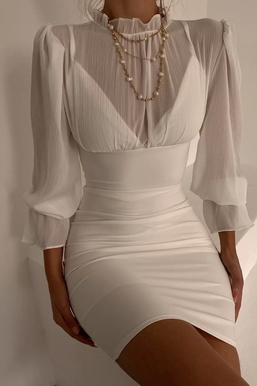 Kadın Beyaz Kol Ucu Lastikli Tül Detay Elbise 0291-10642