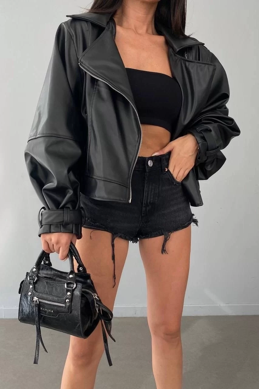 Kadın Siyah Oversize Deri Ceket 0991-9999