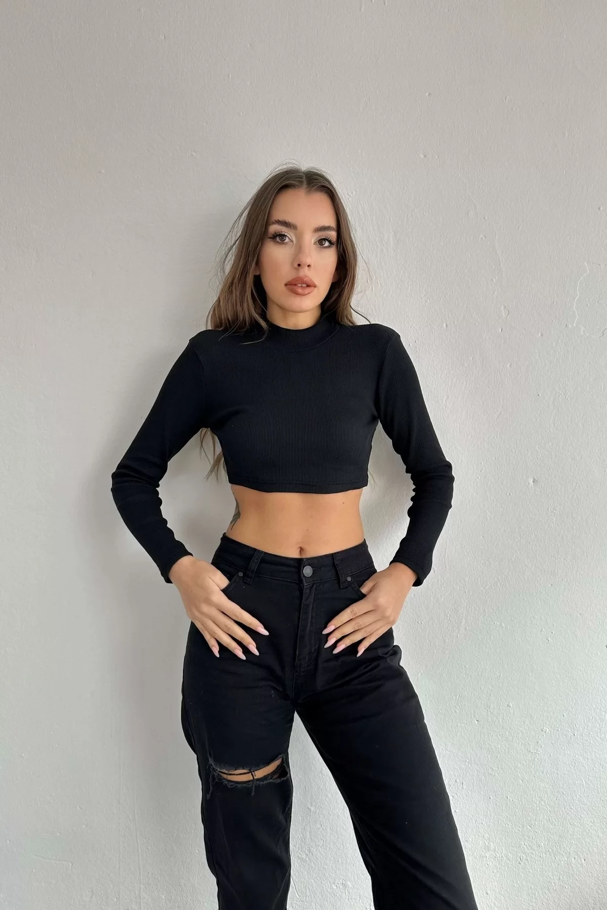 Kadın Siyah Dik Yaka Fitilli Basic Crop 0956-1377