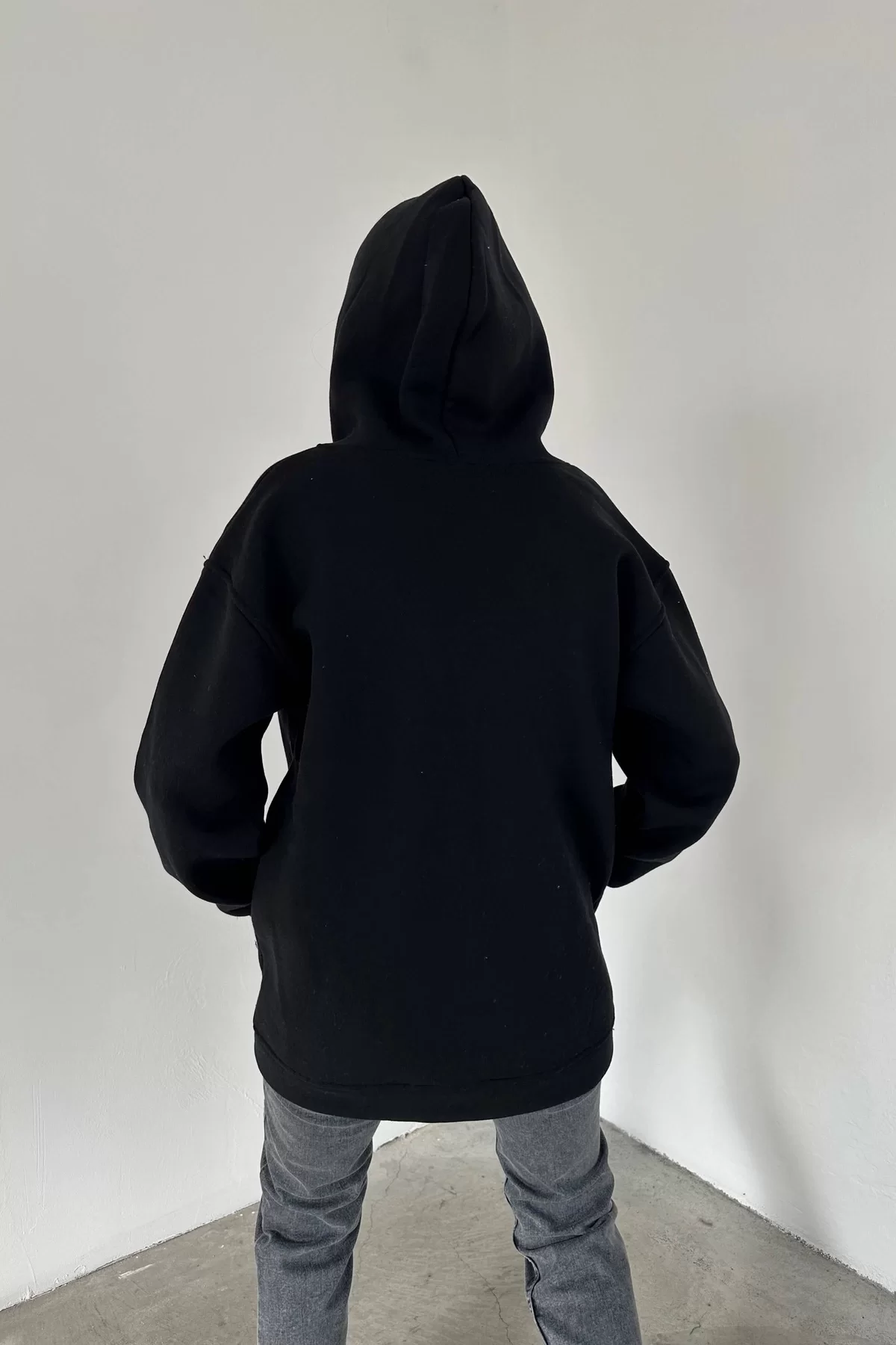 Kadın Siyah Fermuarlı Kapişonlu Oversize Sweatshirt 1009-3002