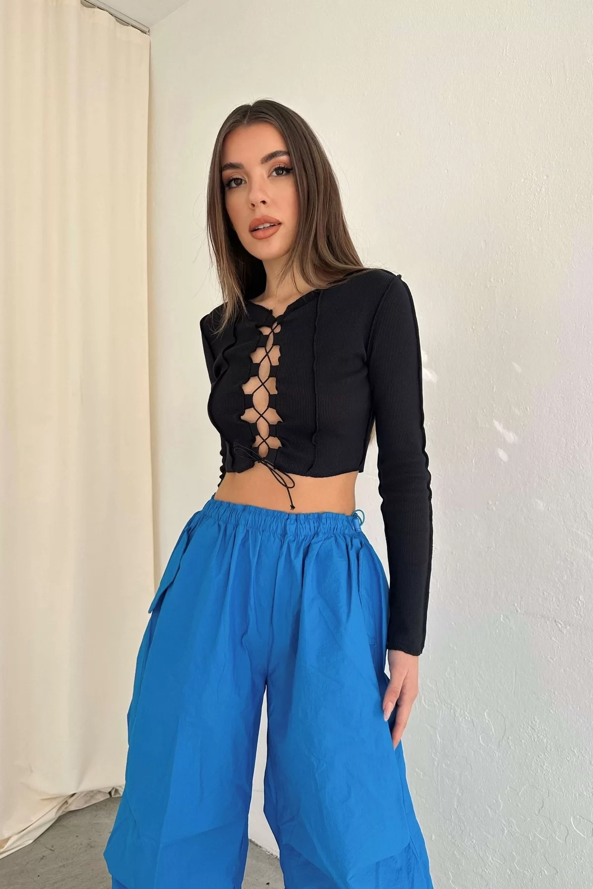 Kadın Siyah Ters Dikiş Crop 0994-0020