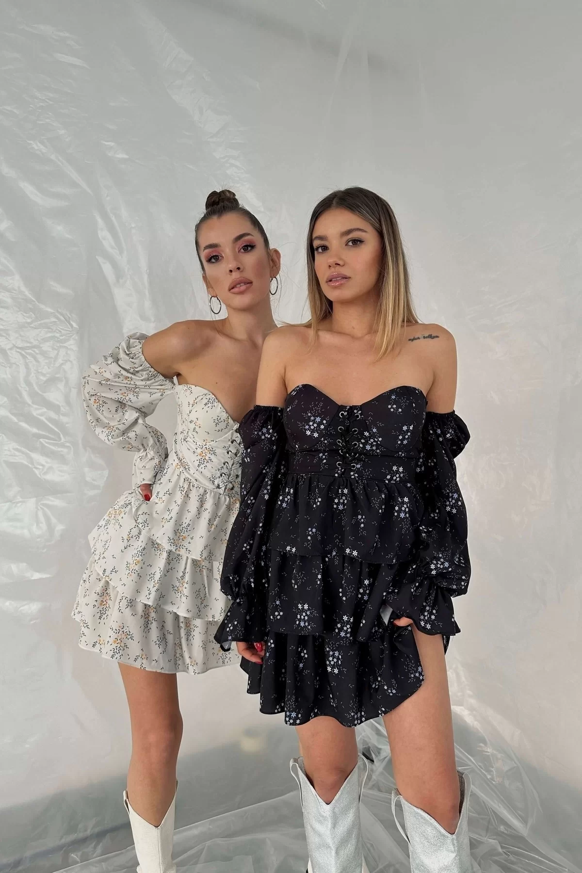 Kadın Siyah Çiçek Desen Elbise 0990-231003