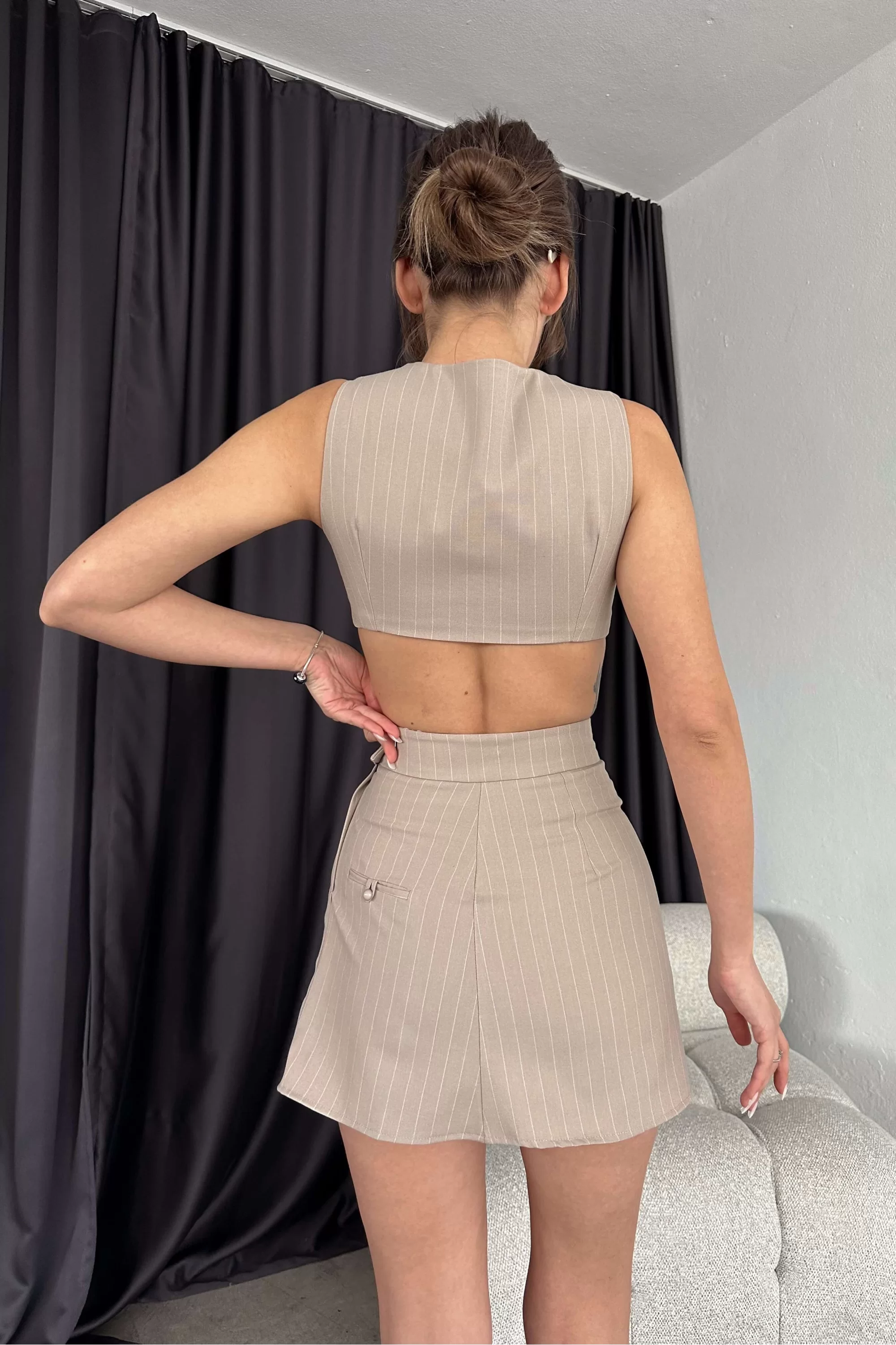 Kadın Bej Çizgili Yelek Etek Takım 0990-2748