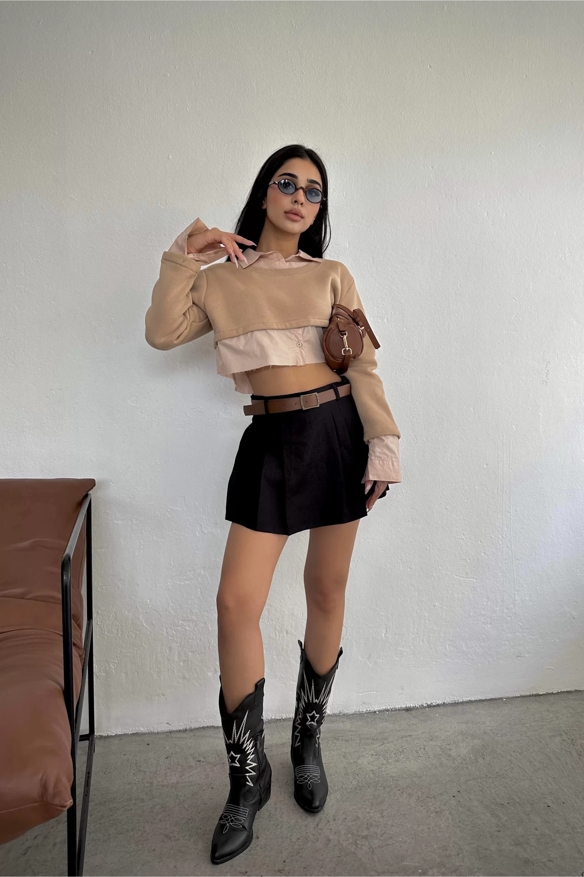Kadın Bej Crop Gömlek Sweat 1017-4070