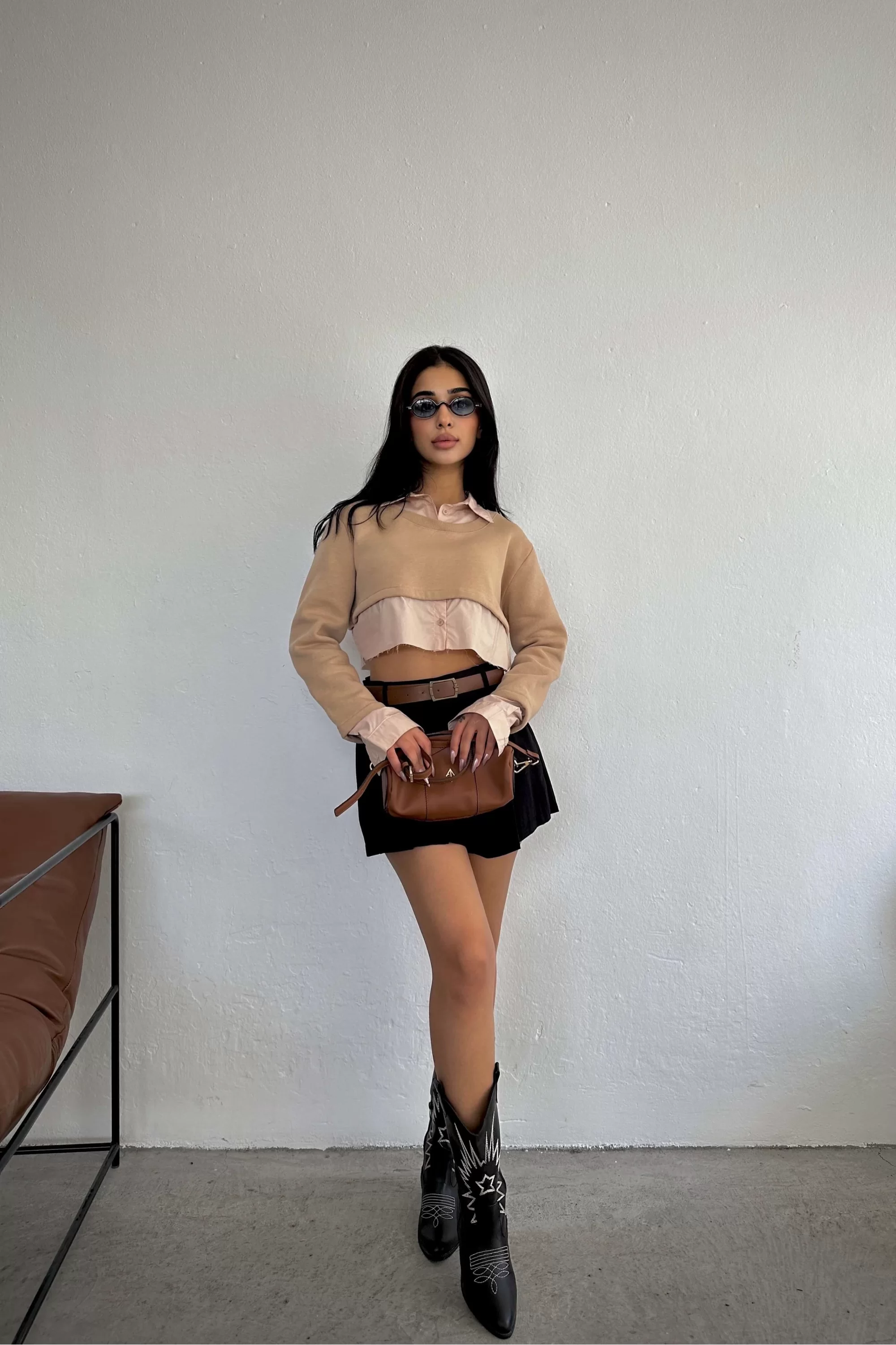 Kadın Bej Crop Gömlek Sweat 1017-4070