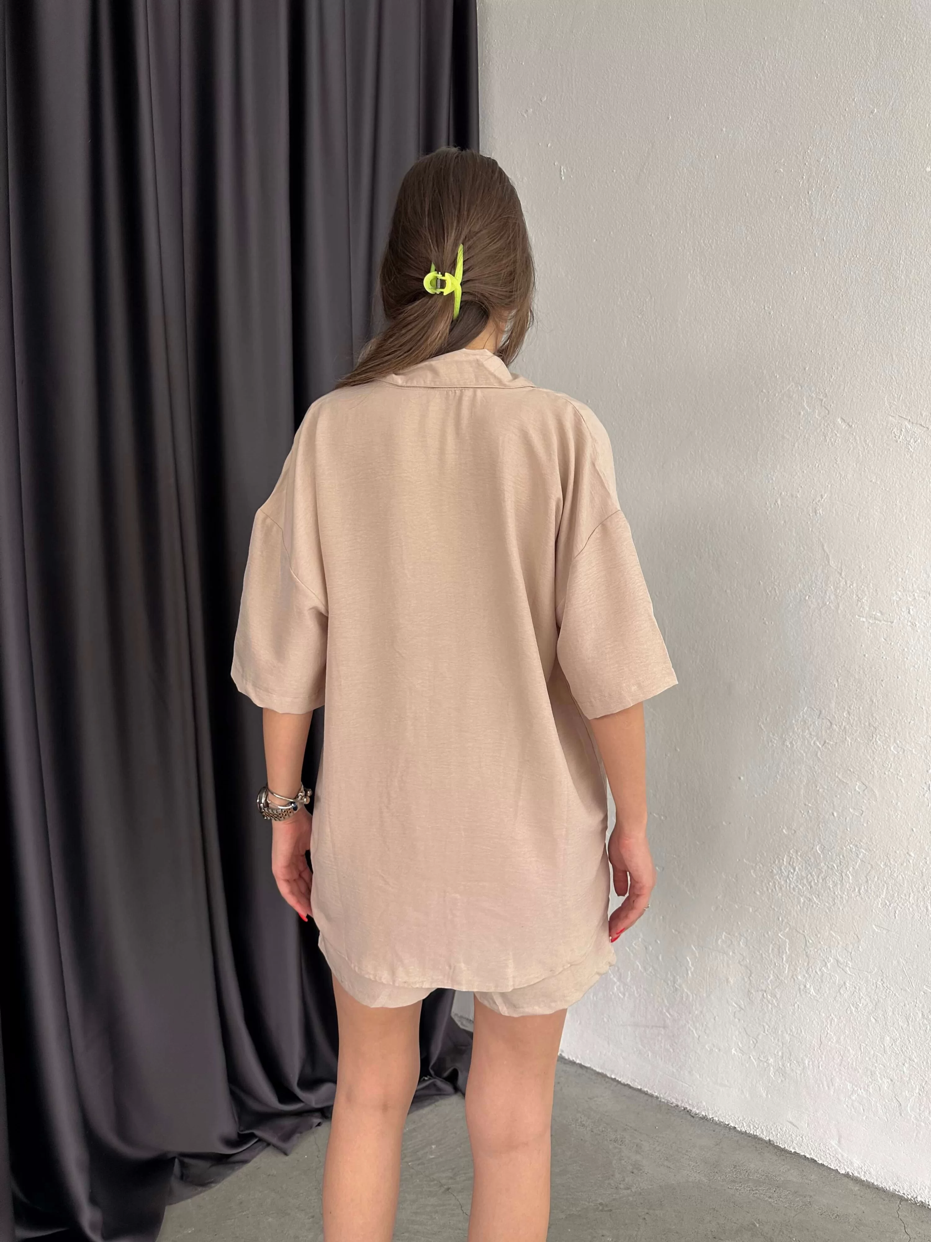 Kadın Bej Gömlek Şort Takım 0999-41103