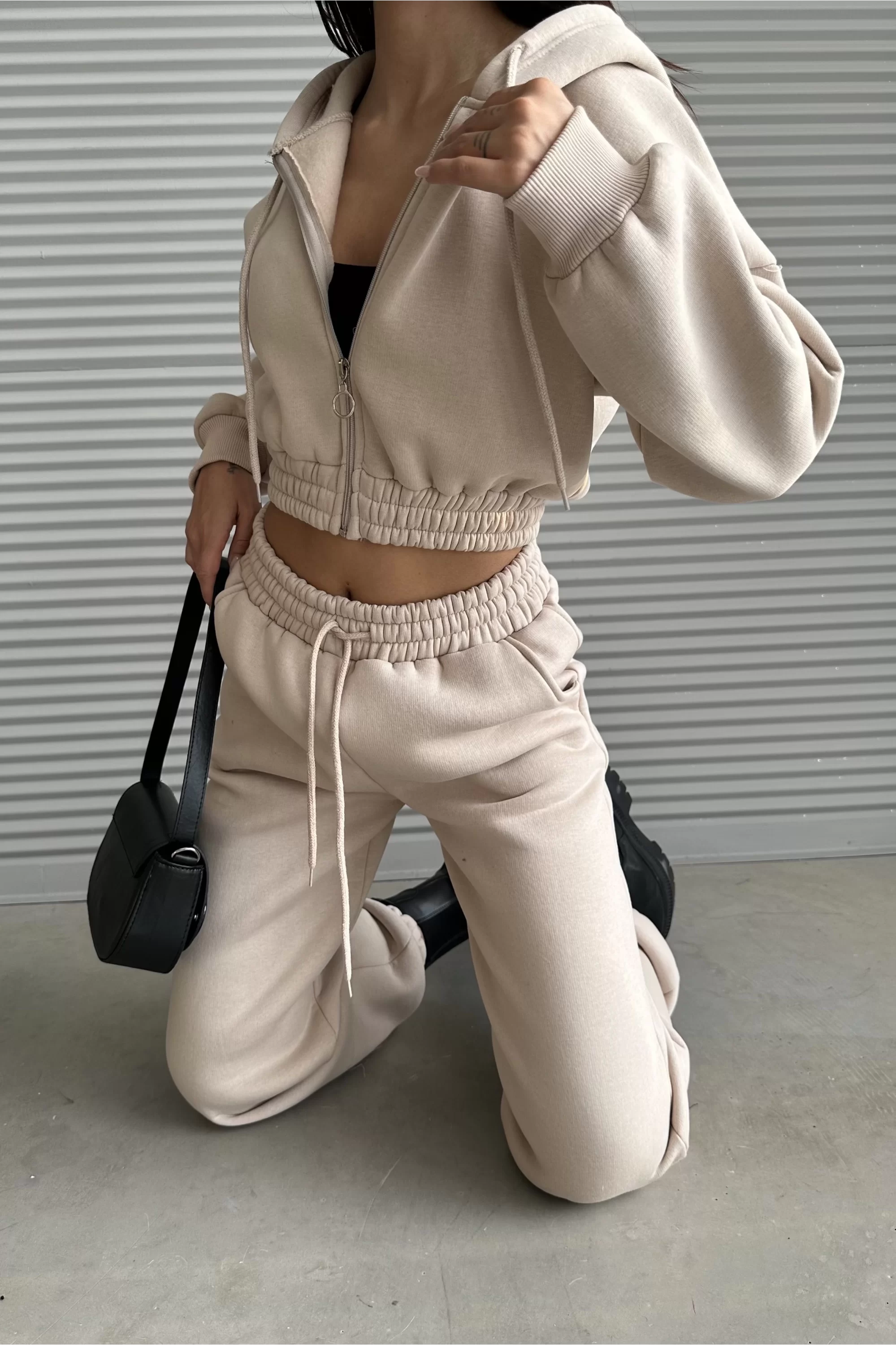 Kadın Bej Kapişonlu Sweat Eşofman Takım 0994-0022