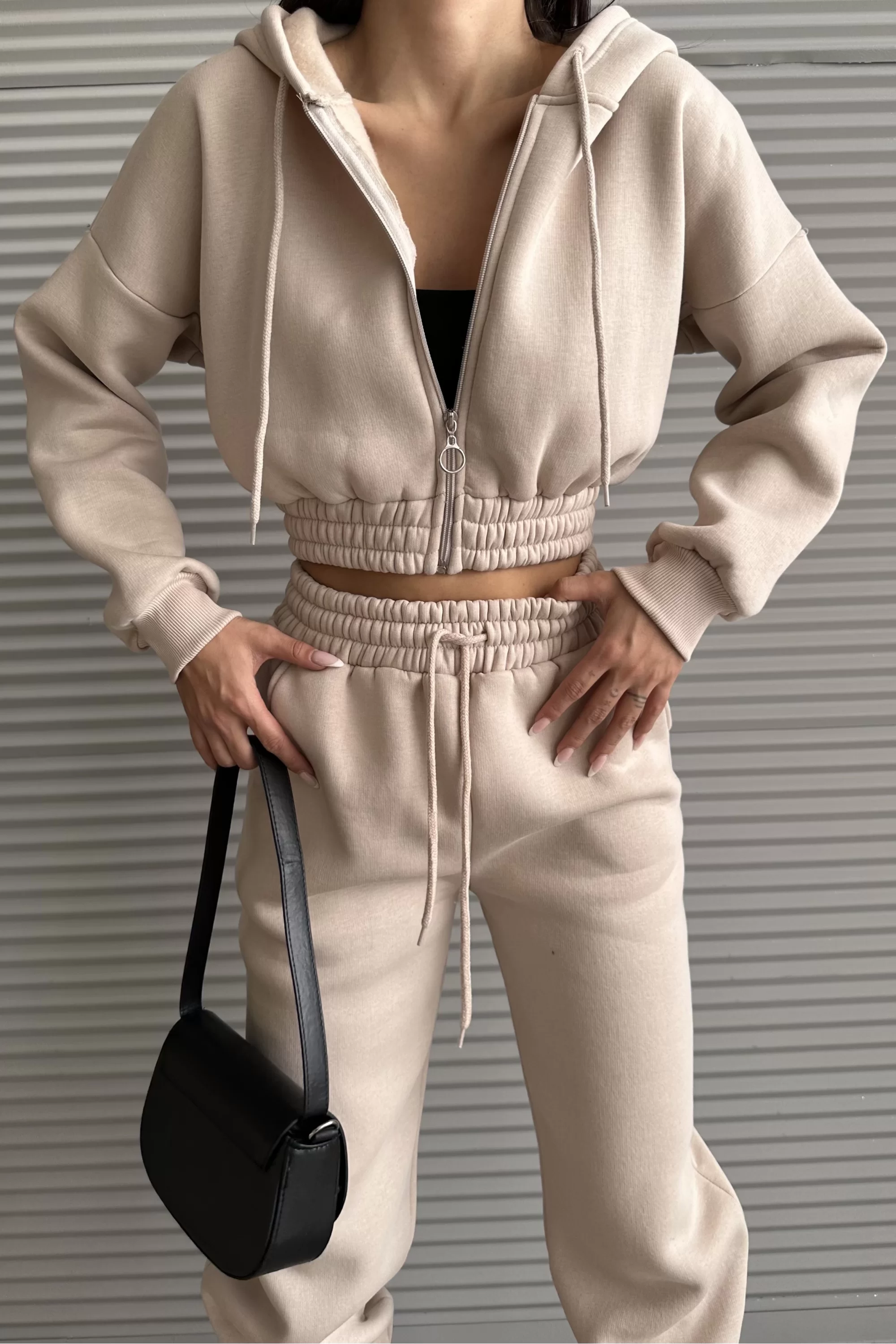 Kadın Bej Kapişonlu Sweat Eşofman Takım 0994-0022