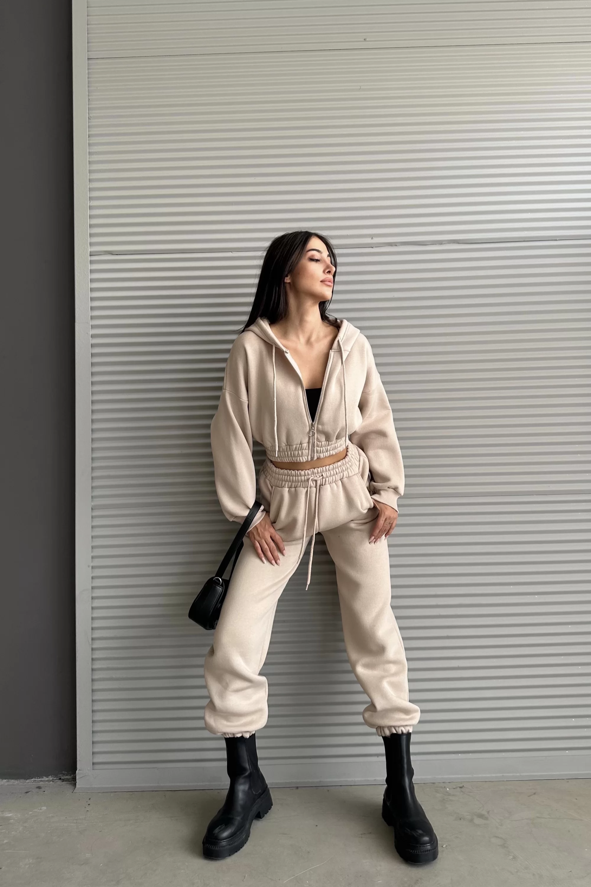 Kadın Bej Kapişonlu Sweat Eşofman Takım 0994-0022