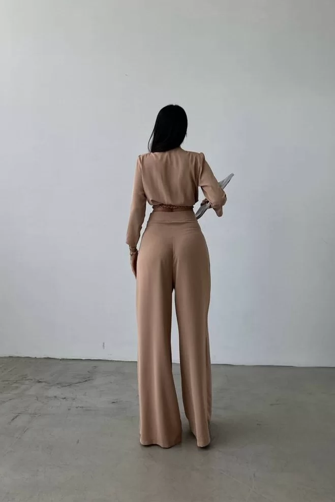 Kadın Bej Oversize Crop Pantolon Takım 0999-23118