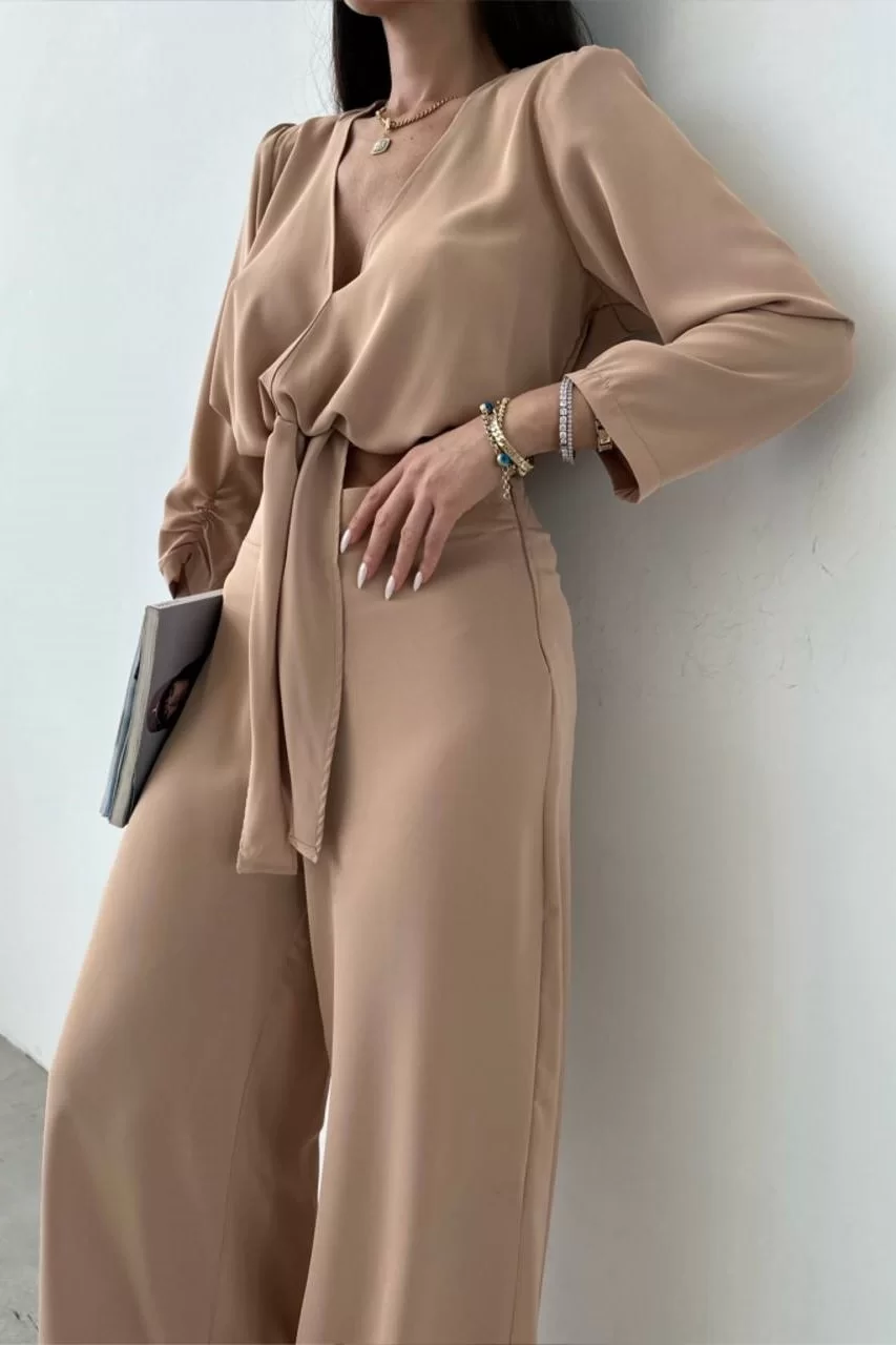 Kadın Bej Oversize Crop Pantolon Takım 0999-23118