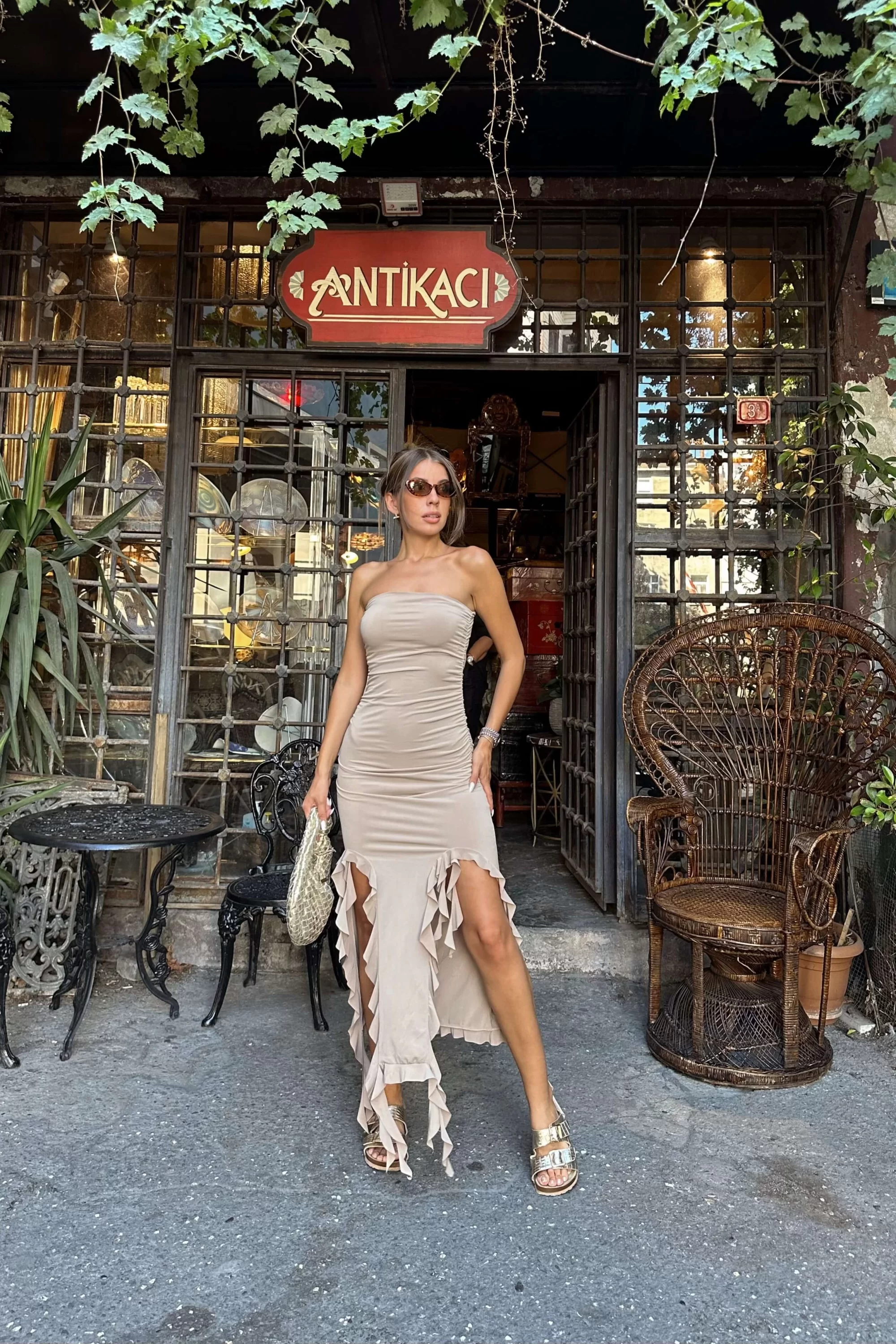Kadın Bej Püskül Detay Straplez Elbise 0999-23143