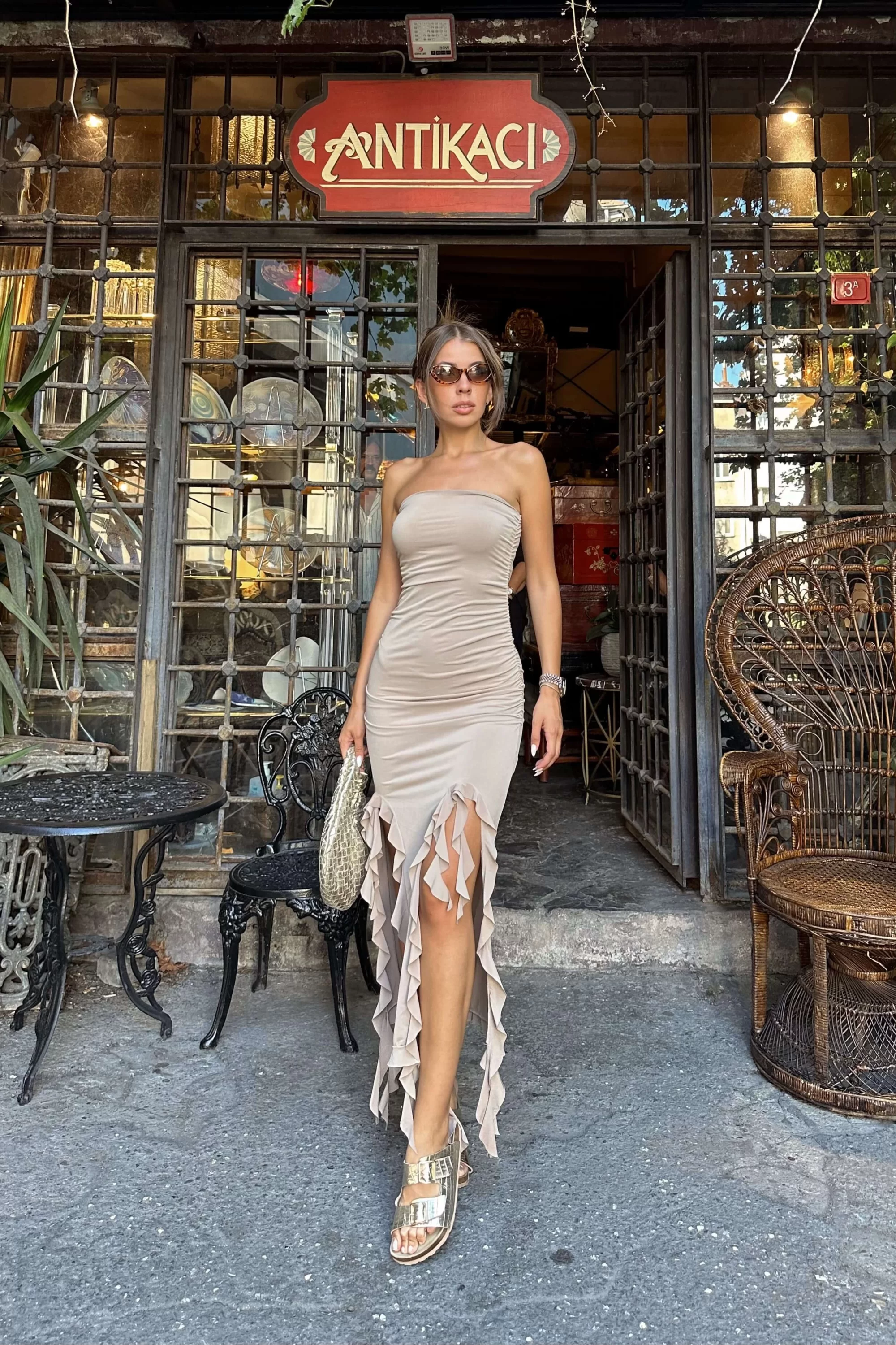 Kadın Bej Püskül Detay Straplez Elbise 0999-23143