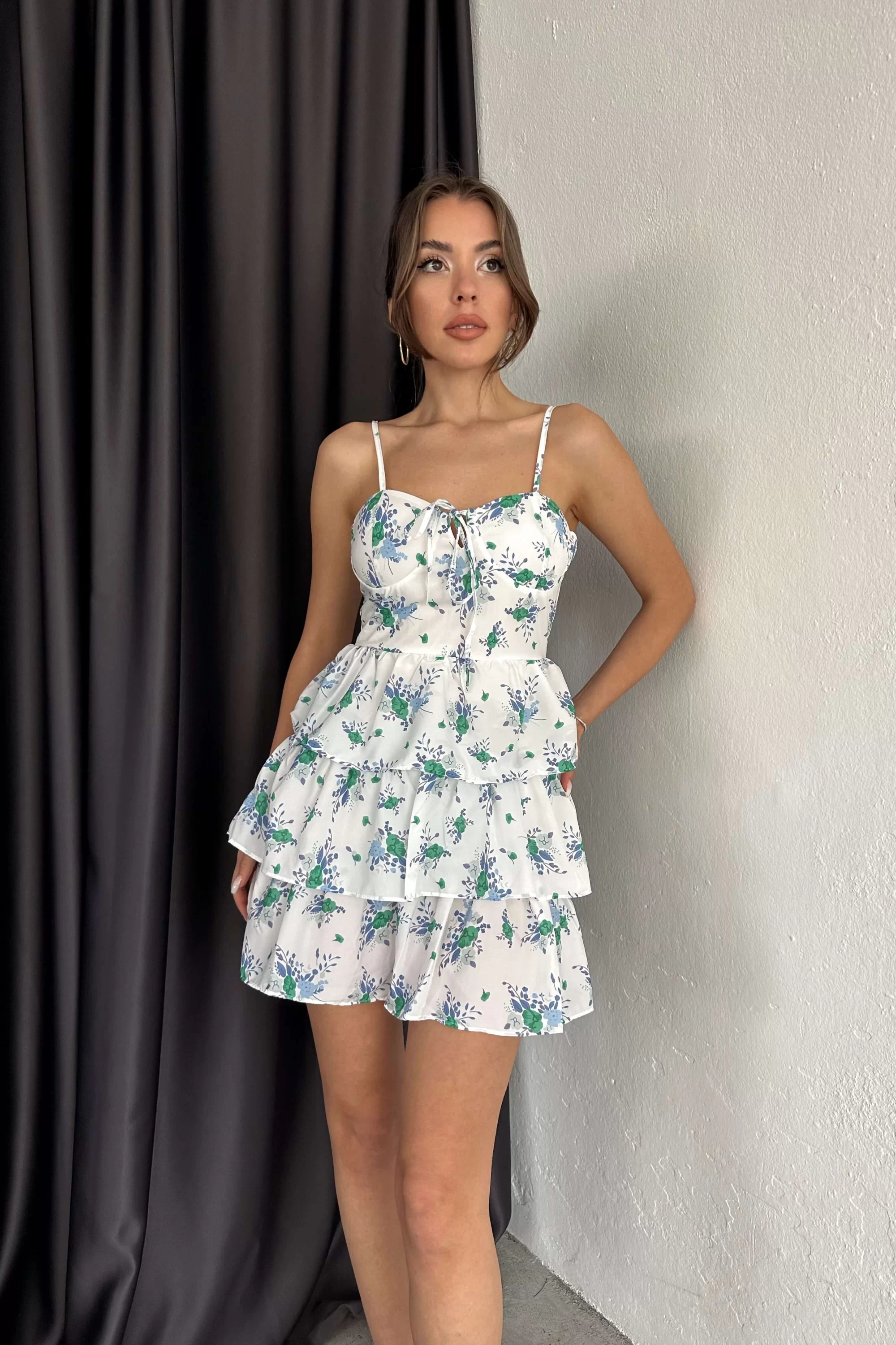 Kadın Beyaz Askılı Desenli Kat Kat Elbise 0990-223085