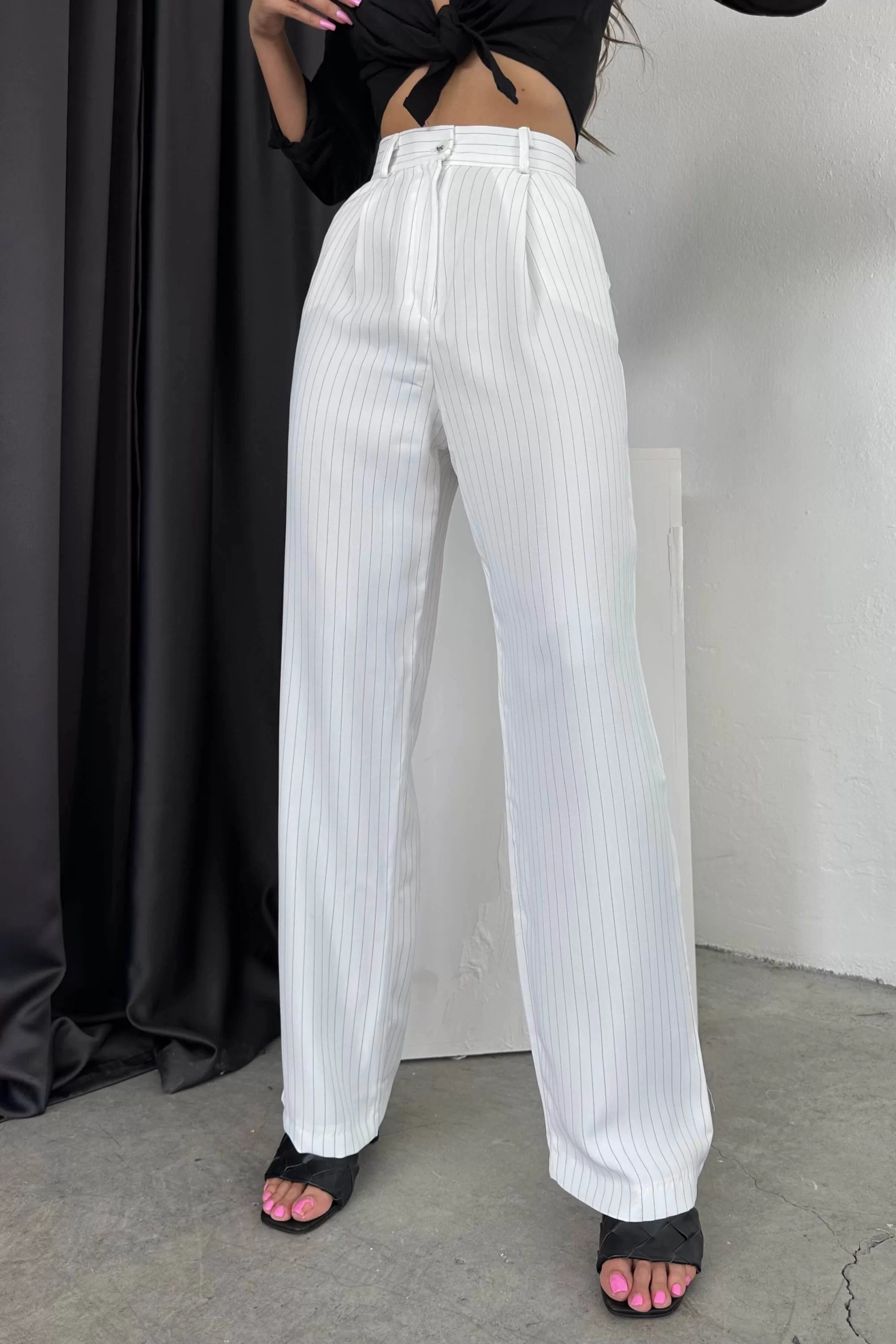 Kadın Beyaz Çizgili Oversize Pantolon 1017-1513