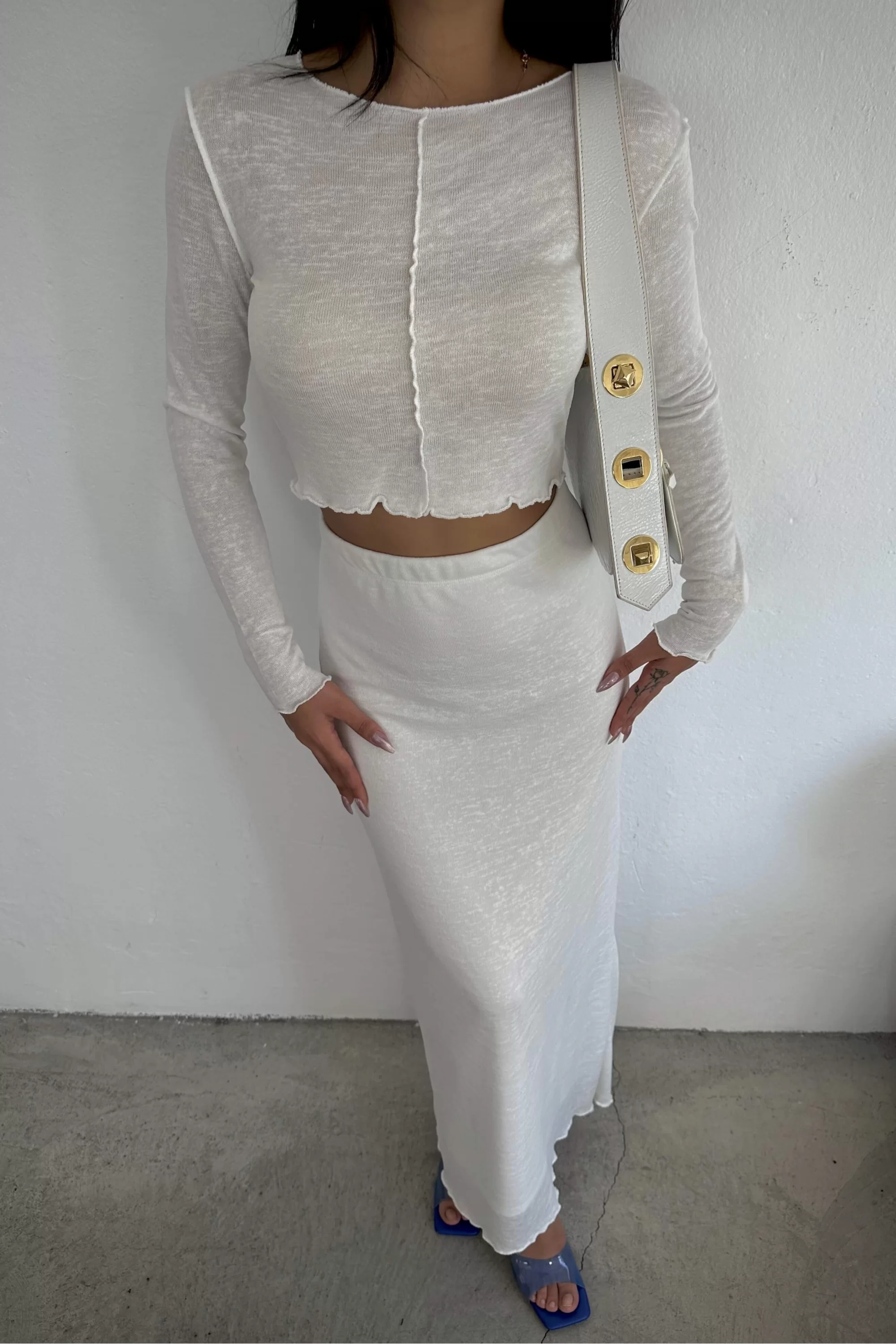 Kadın Beyaz Crop Etek Takım 1017-4090