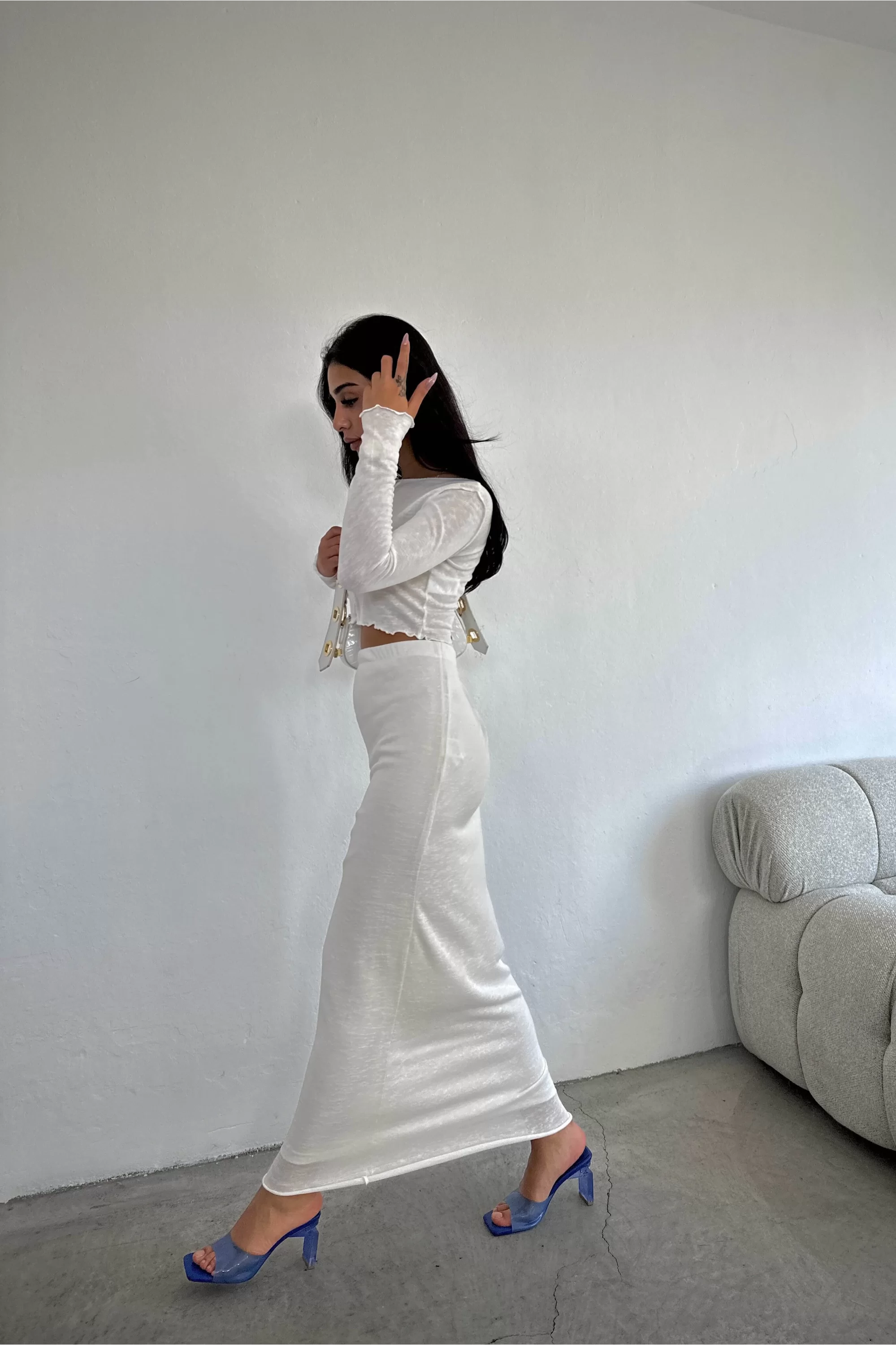 Kadın Beyaz Crop Etek Takım 1017-4090