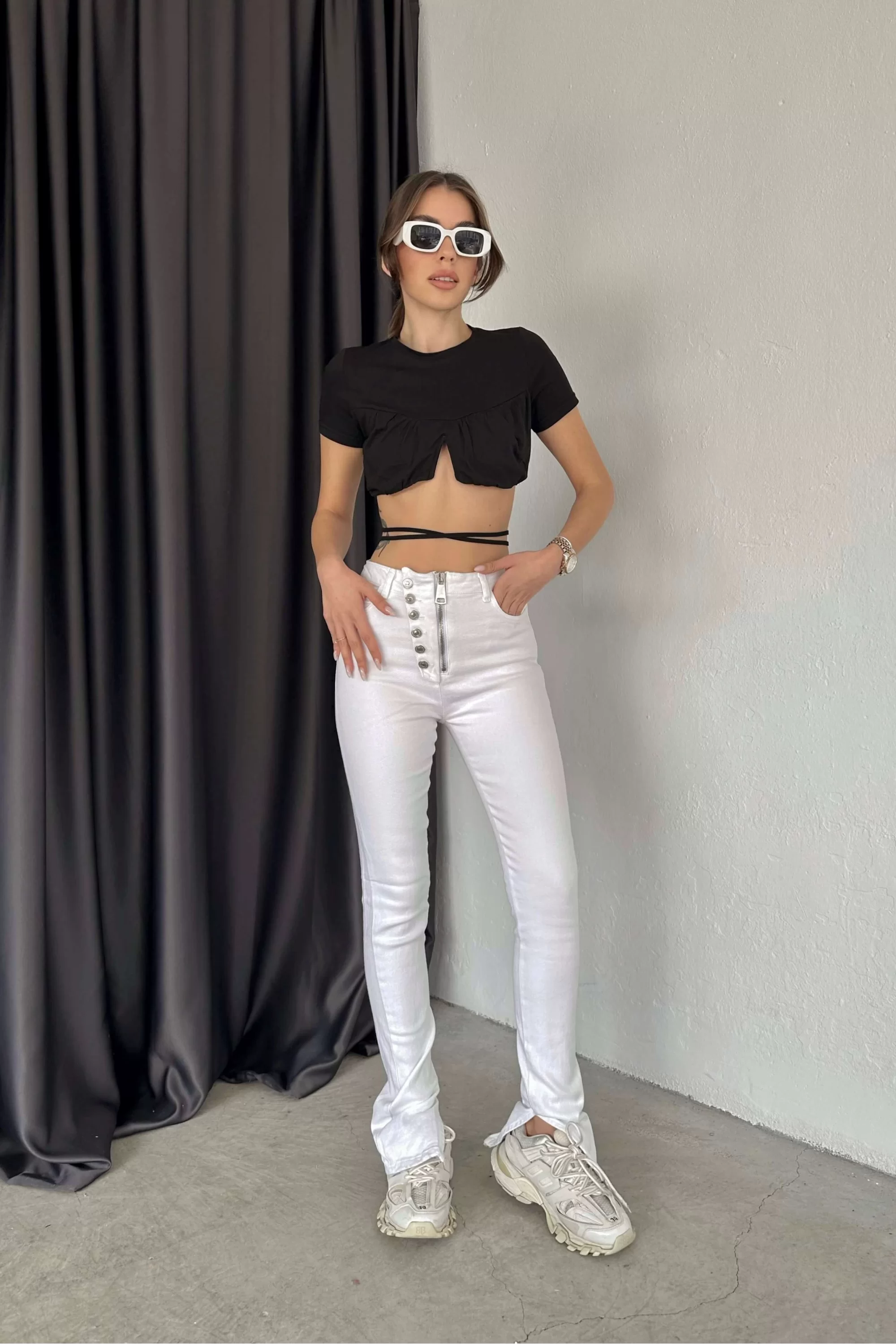 Kadın Beyaz Fermuar Detay Kot Pantolon 0970-5376