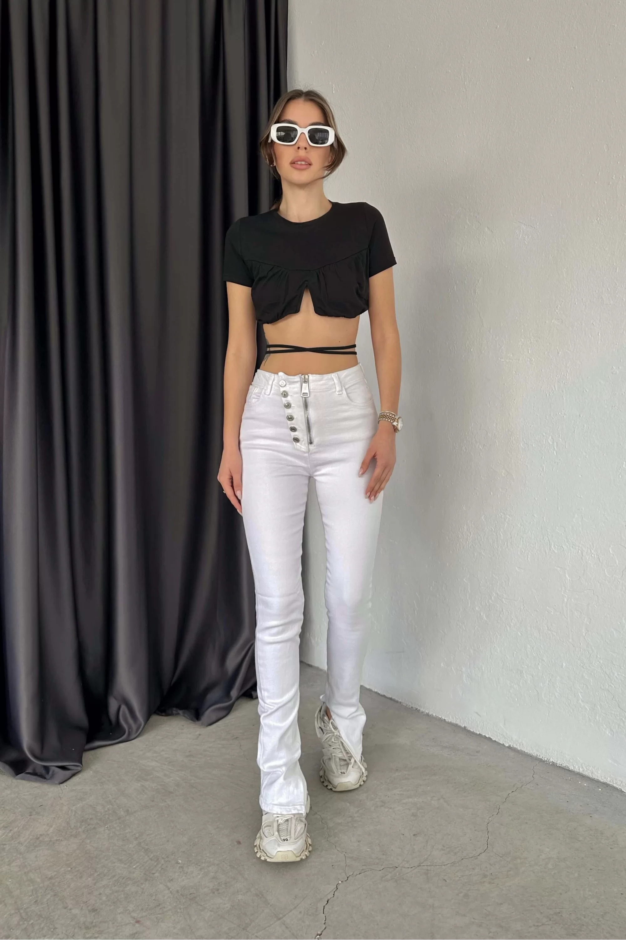 Kadın Beyaz Fermuar Detay Kot Pantolon 0970-5376