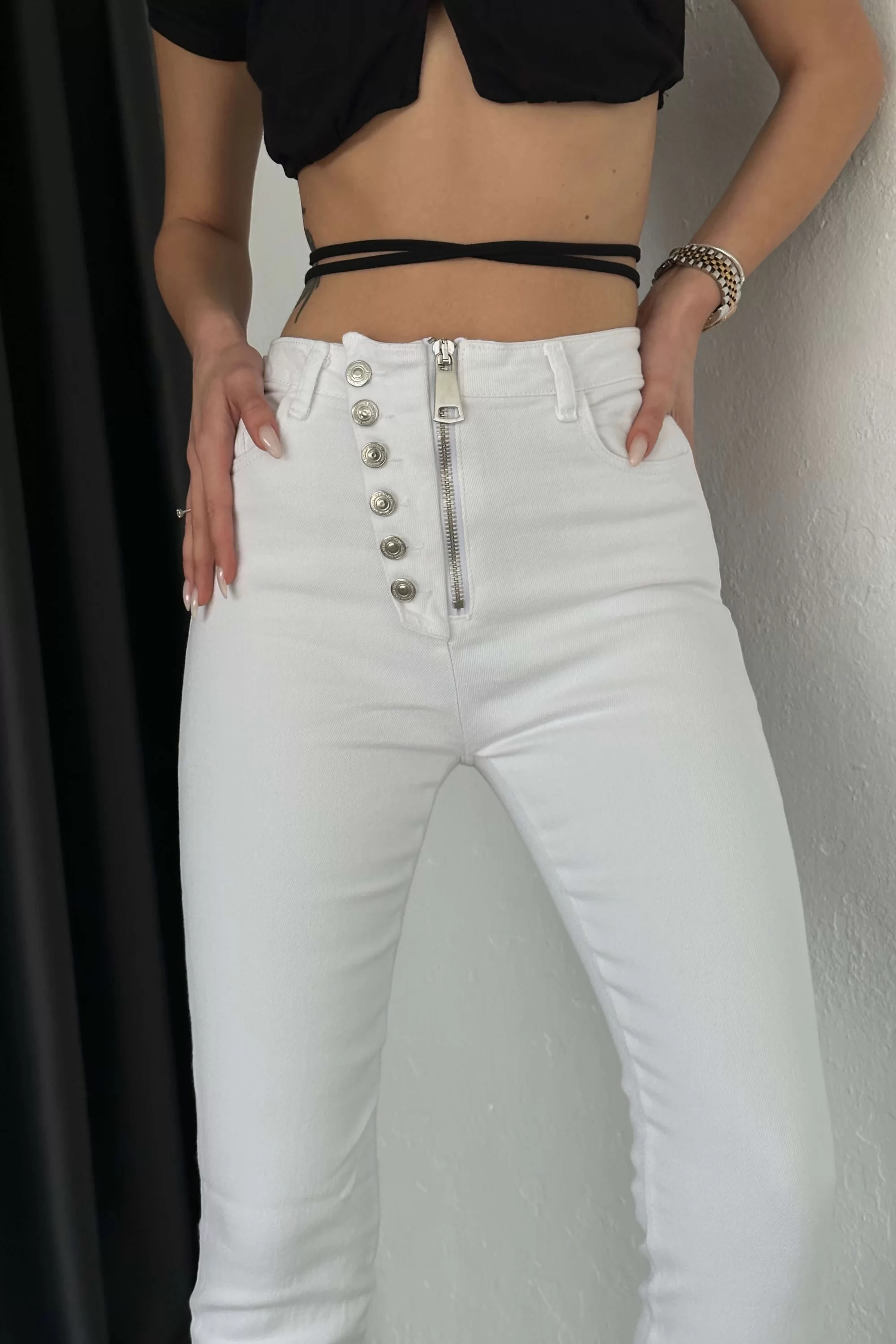 Kadın Beyaz Fermuar Detay Kot Pantolon 0970-5376
