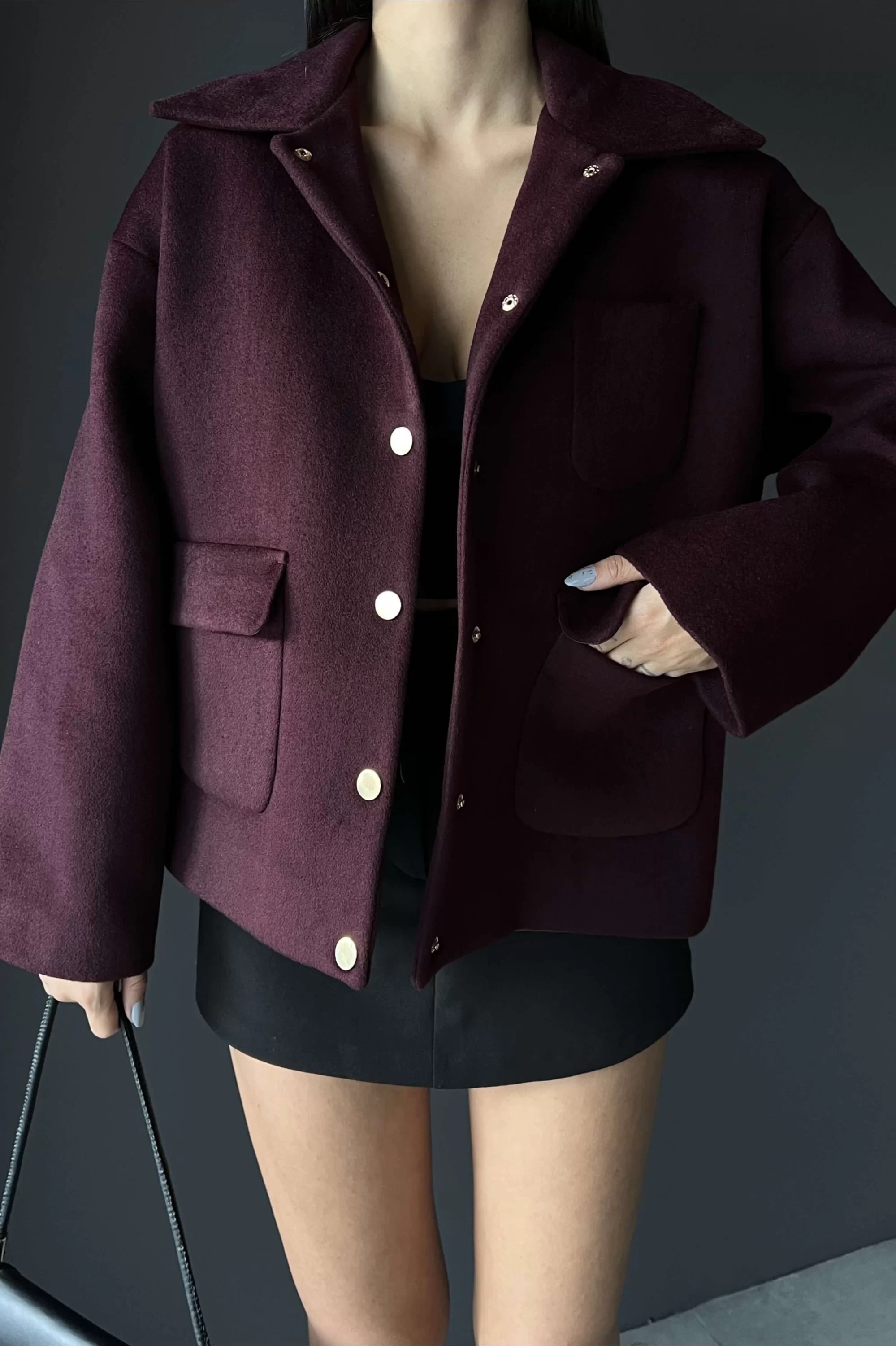 Kadın Bordo Çıtçıtlı Kaşe Ceket 1007-0362