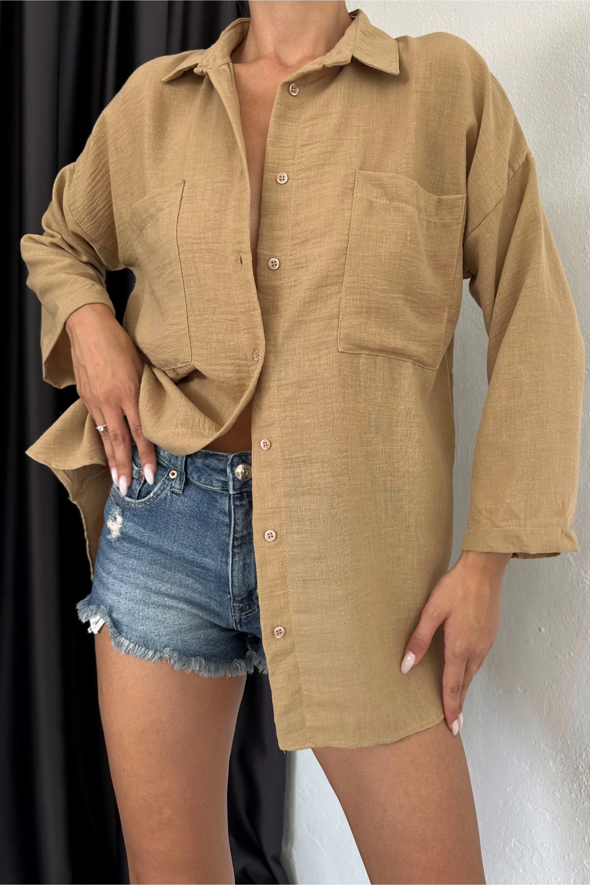 Kadın Camel Çift Cep Keten Gömlek 0999-20055