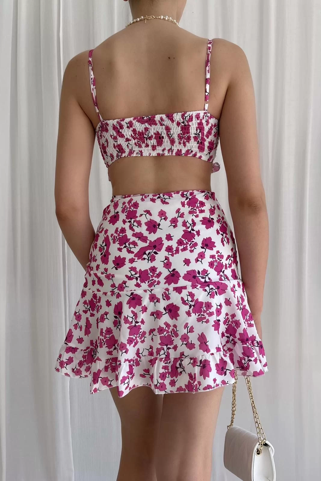Kadın Fuşya Büzgülü Crop Etek Takım 0990-223101