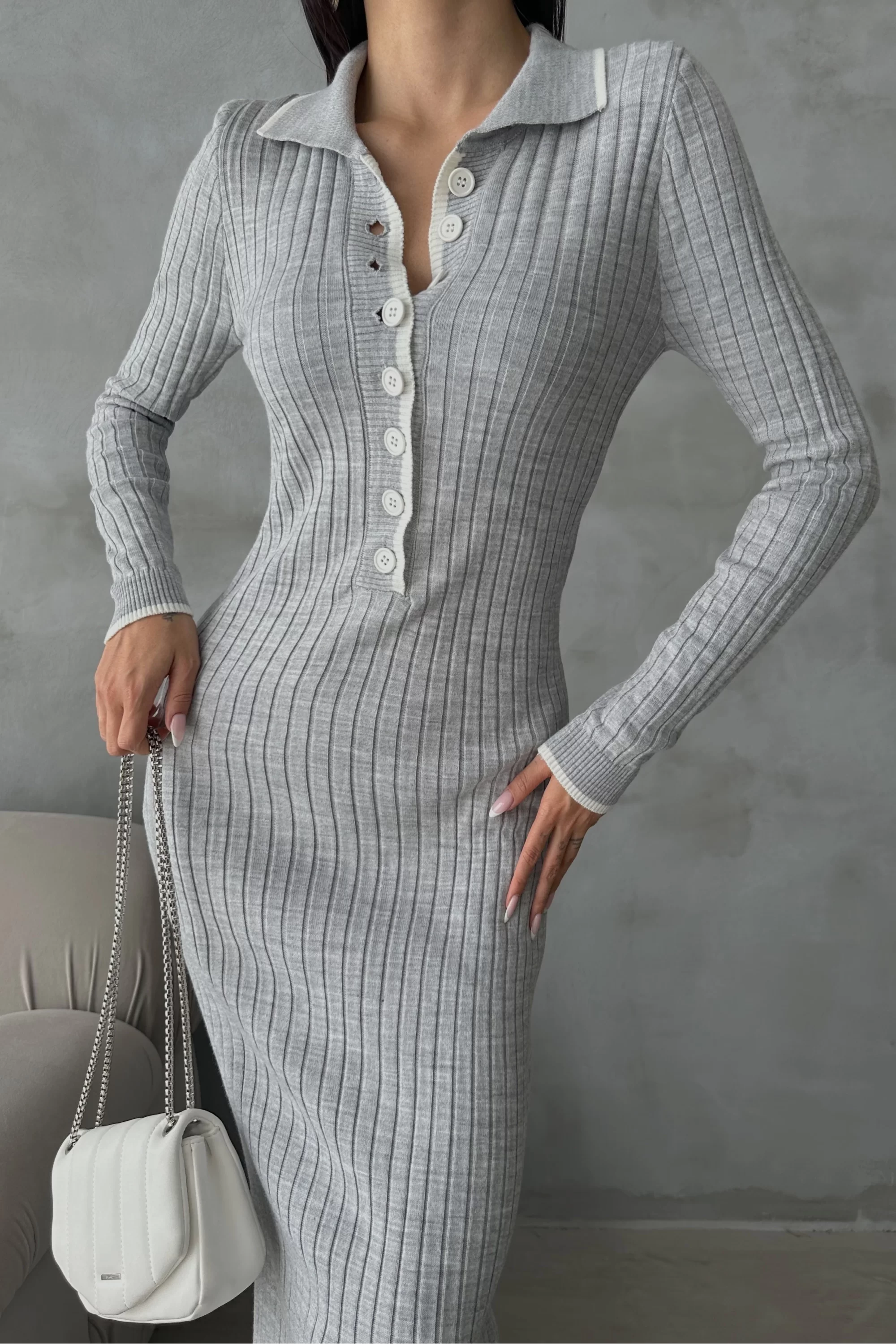 Kadın Gri Fitilli Düğmeli Uzun Elbise 1007-6023
