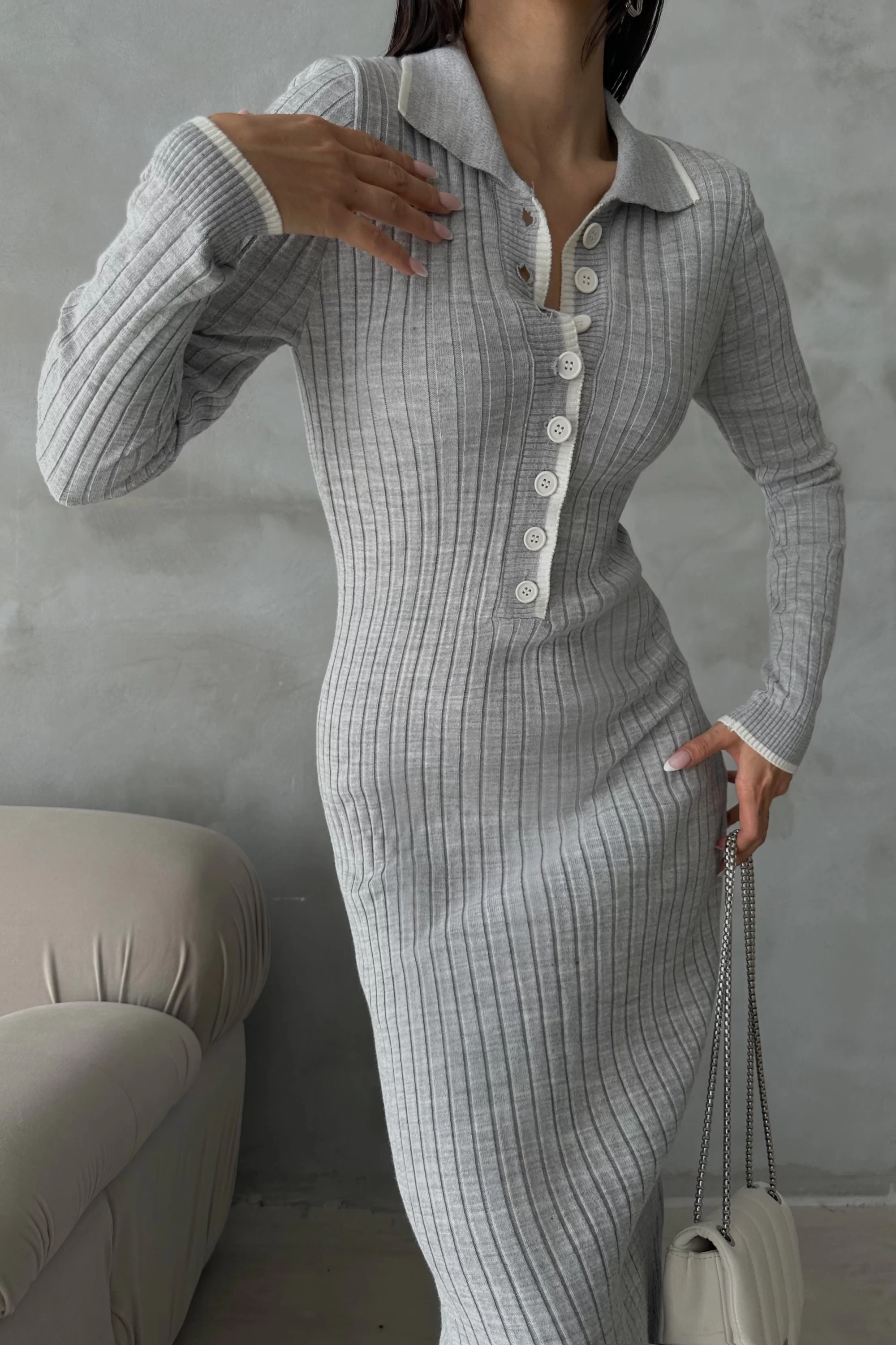 Kadın Gri Fitilli Düğmeli Uzun Elbise 1007-6023