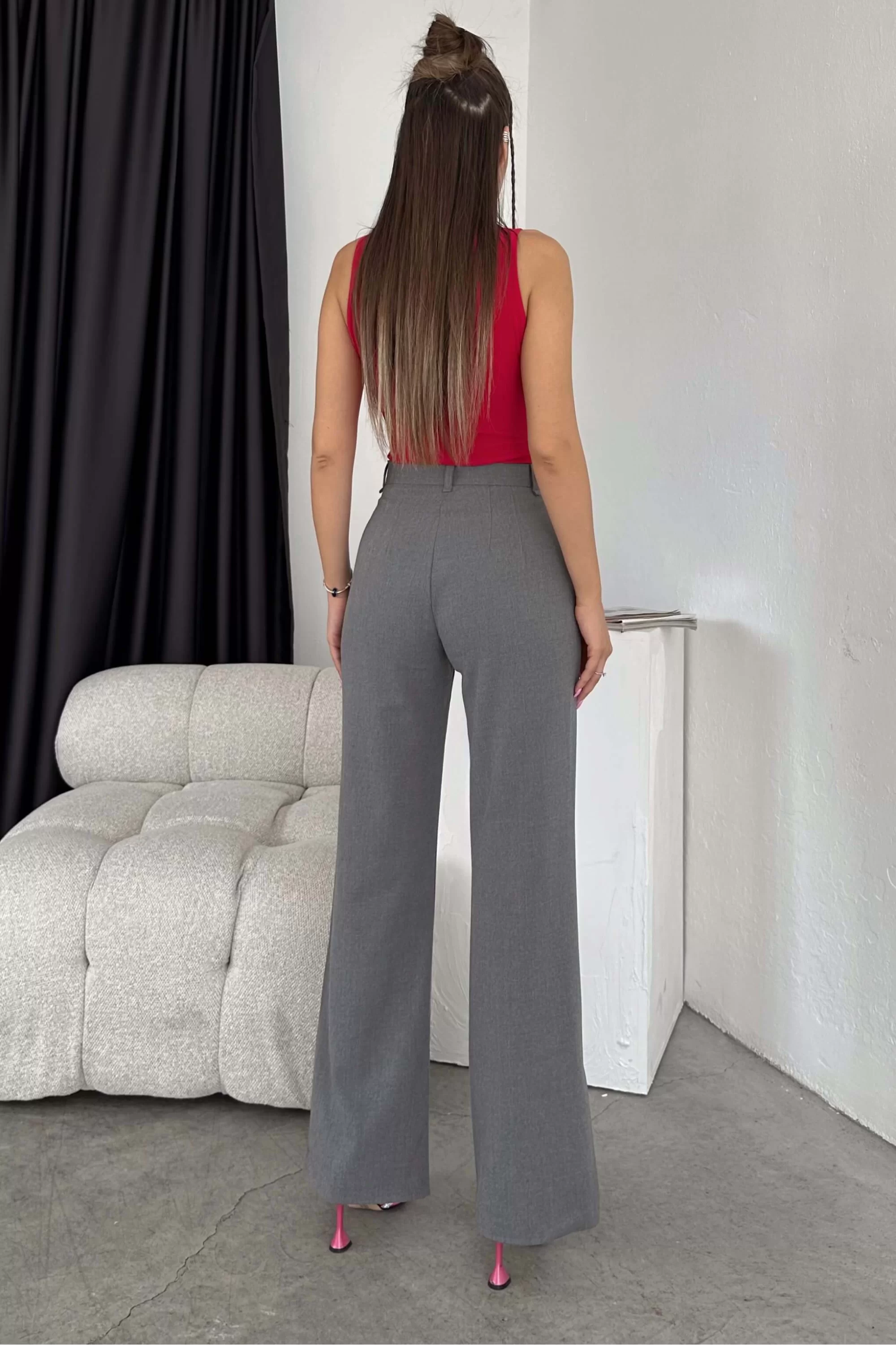 Kadın Gri Yırtmaç Detay Çımalı Pantolon 0999-202210