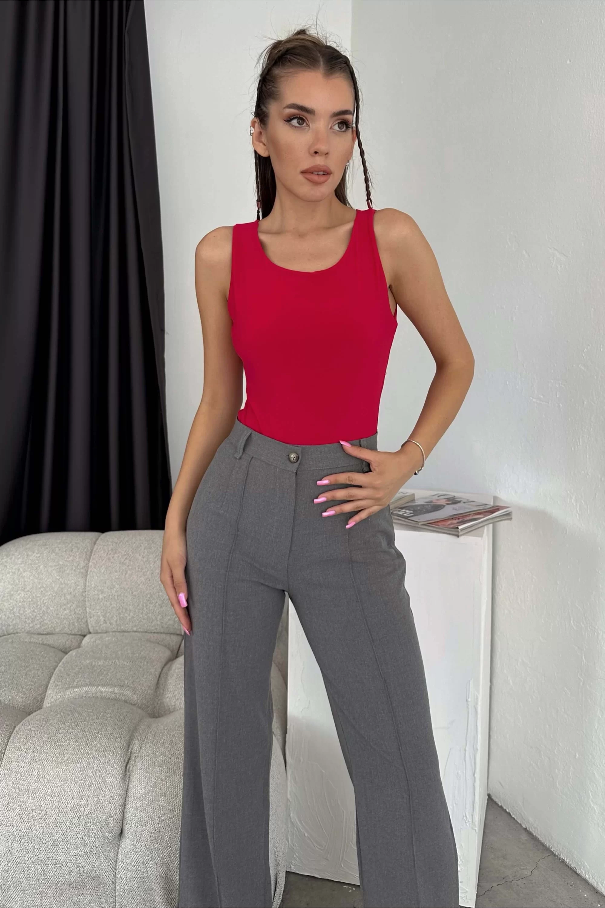 Kadın Gri Yırtmaç Detay Çımalı Pantolon 0999-202210