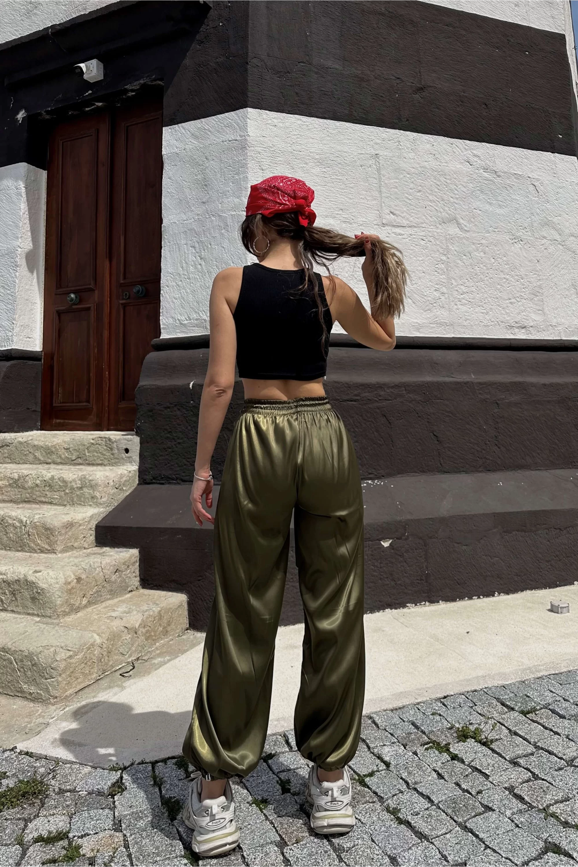 Kadın Haki Lastikli Saten Pantolon 0990-2763