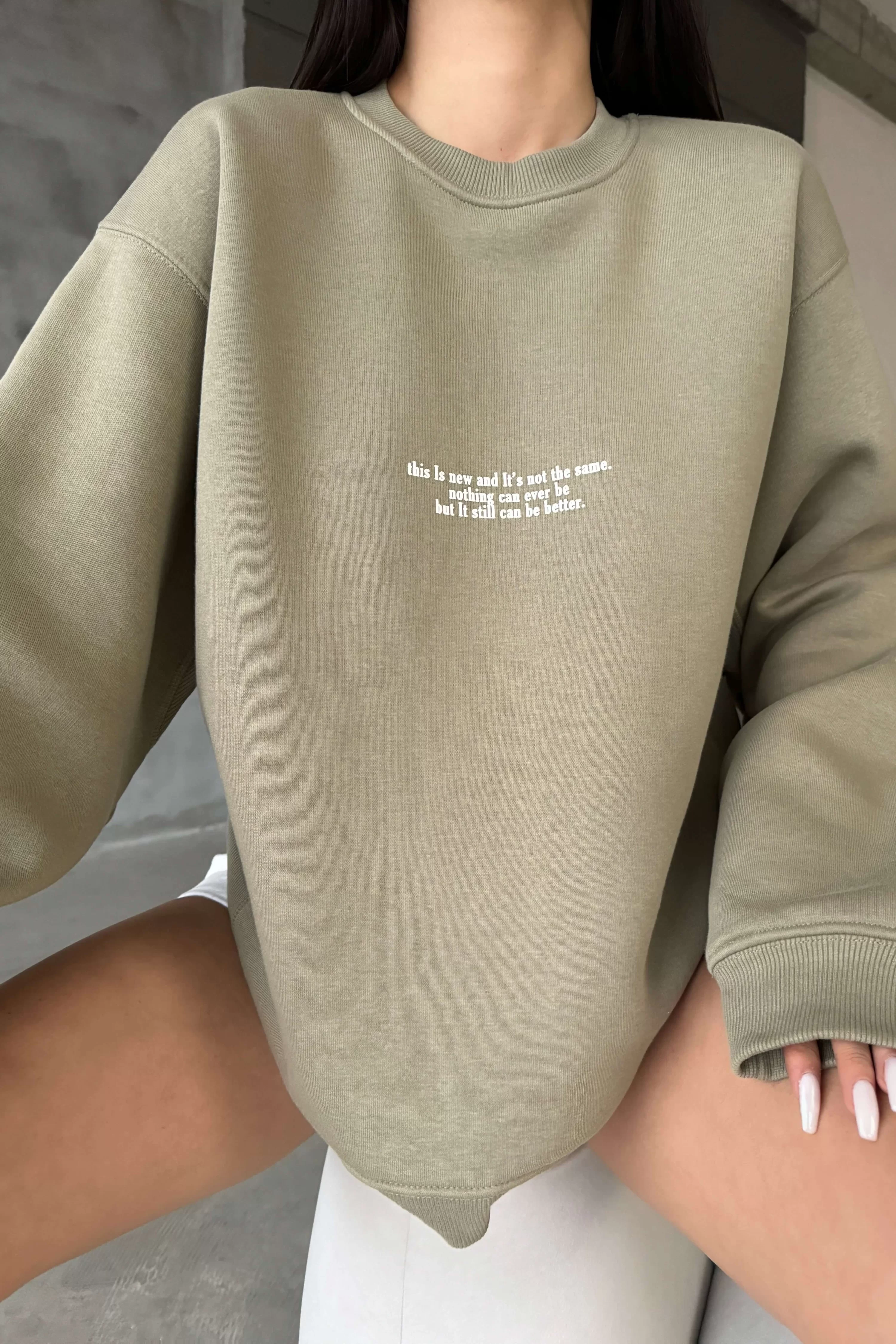 Kadın Haki Oversize Sweatshirt 1017-6114