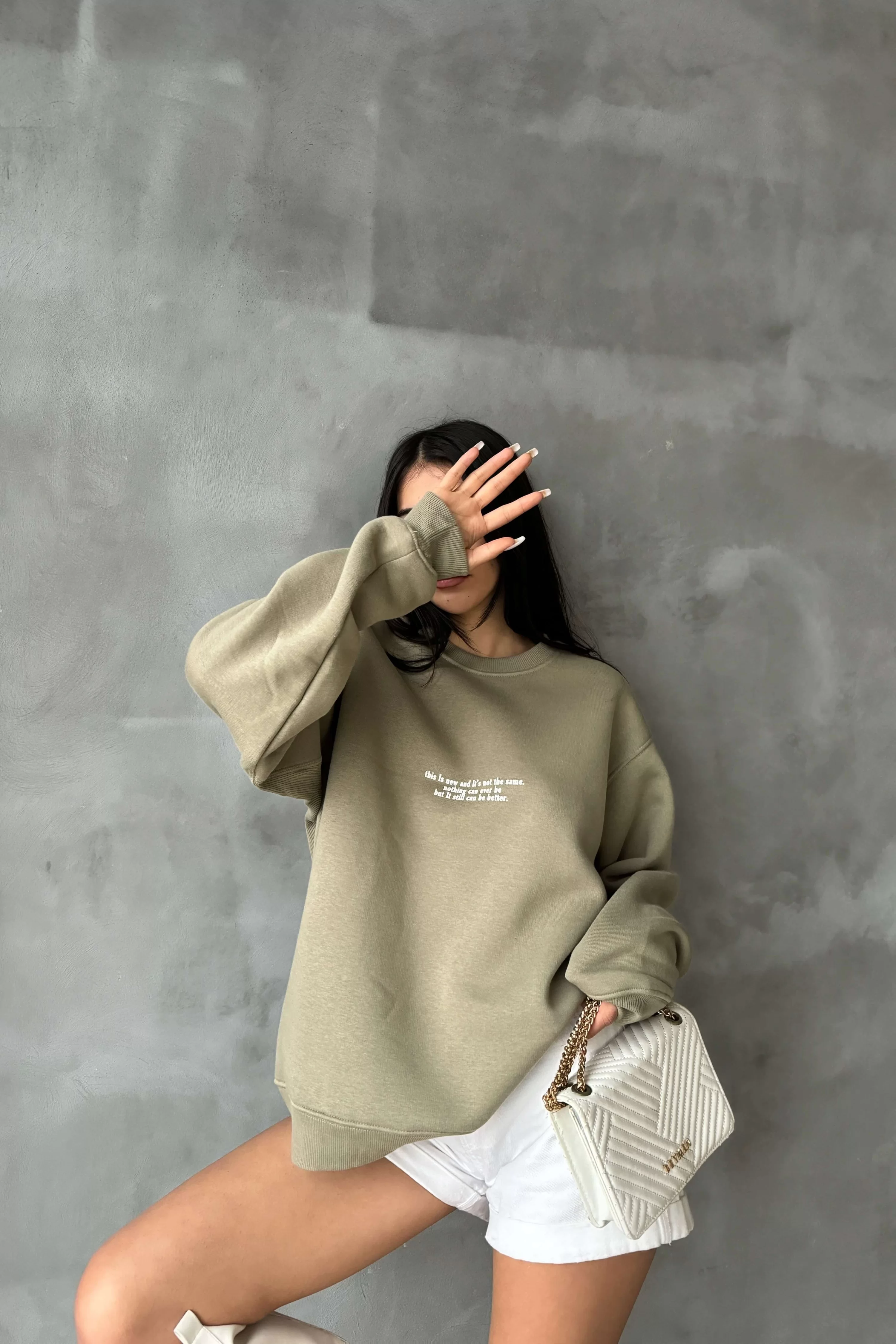 Kadın Haki Oversize Sweatshirt 1017-6114