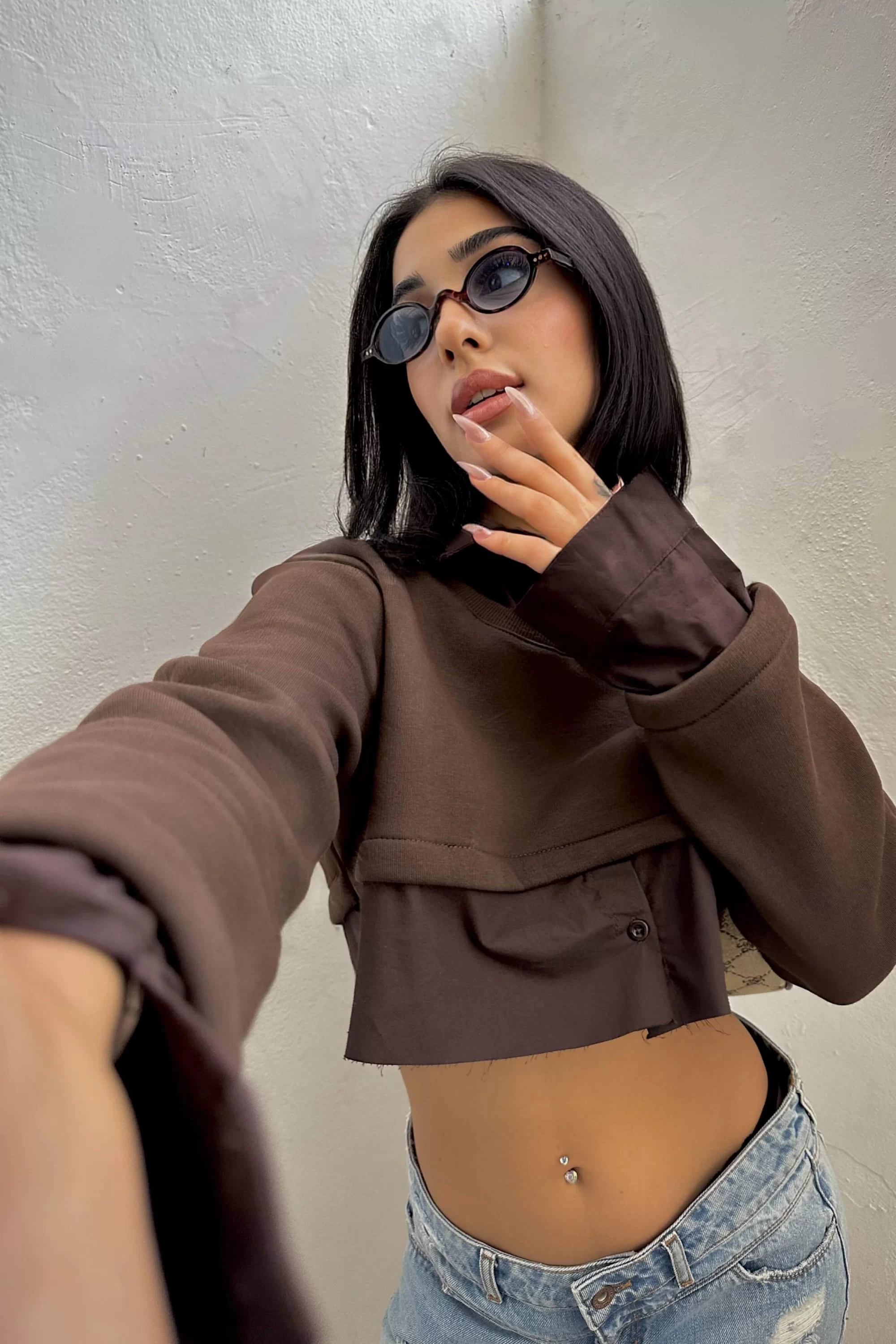 Kadın Kahve Crop Gömlek Sweat 1017-4070