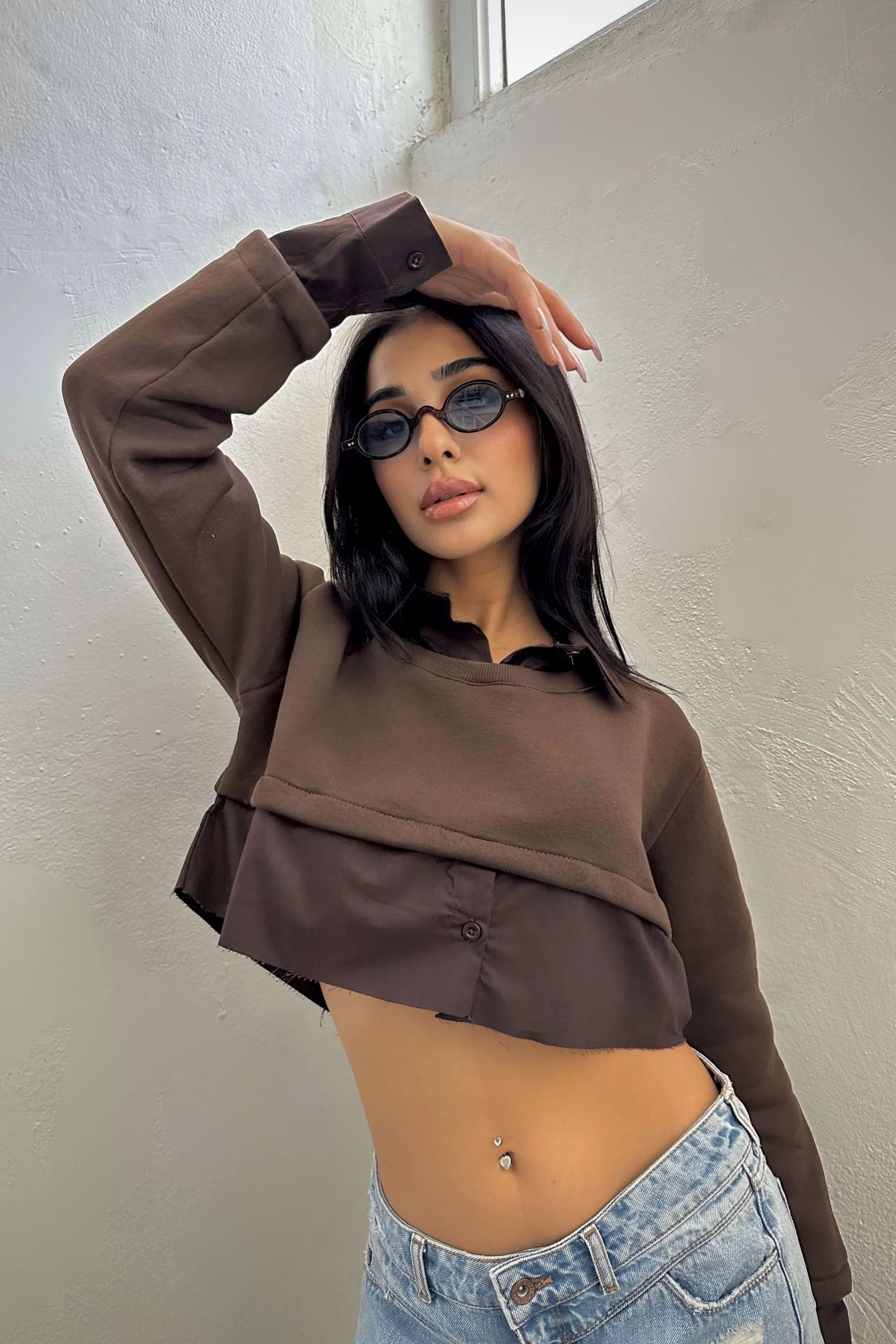 Kadın Kahve Crop Gömlek Sweat 1017-4070