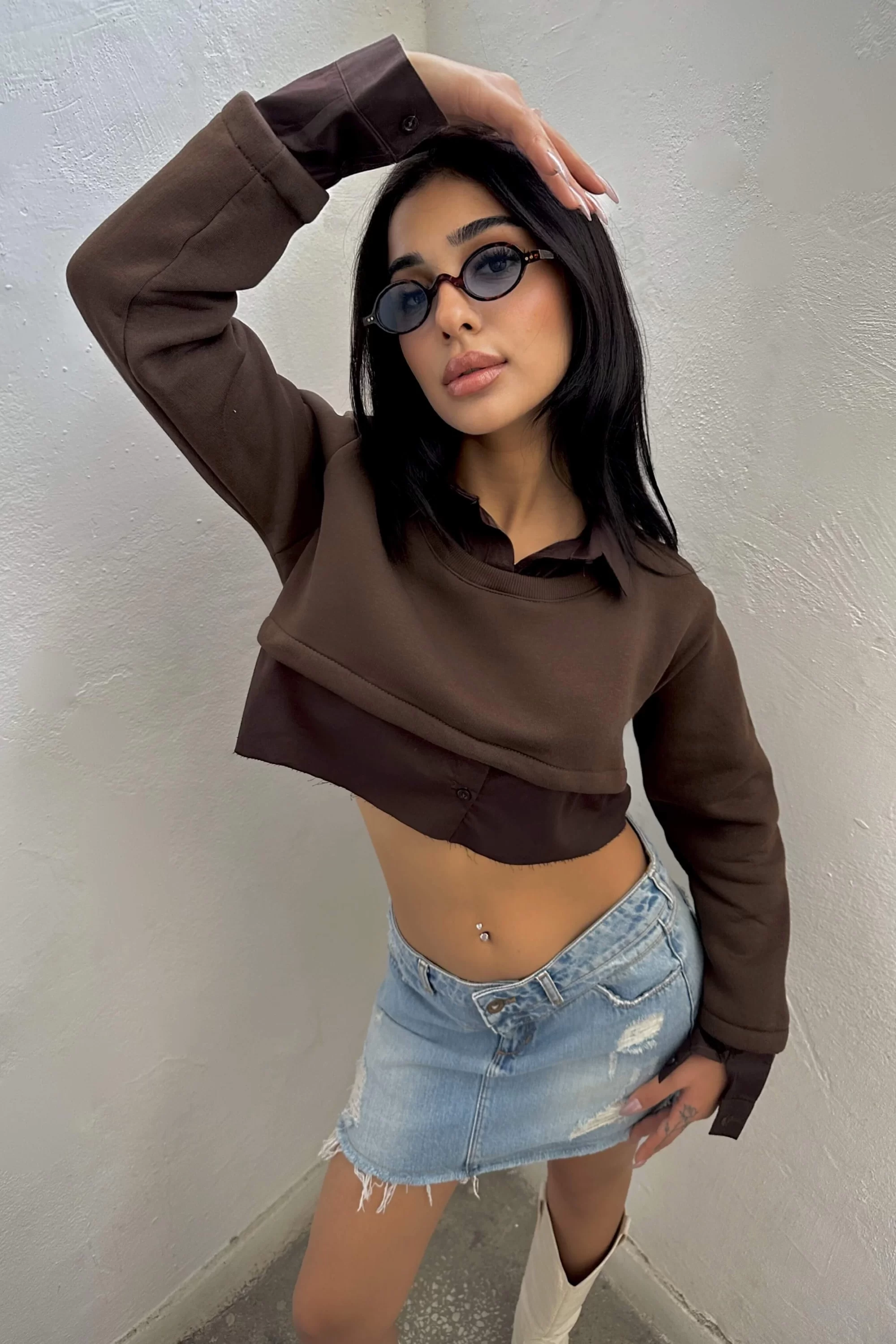 Kadın Kahve Crop Gömlek Sweat 1017-4070