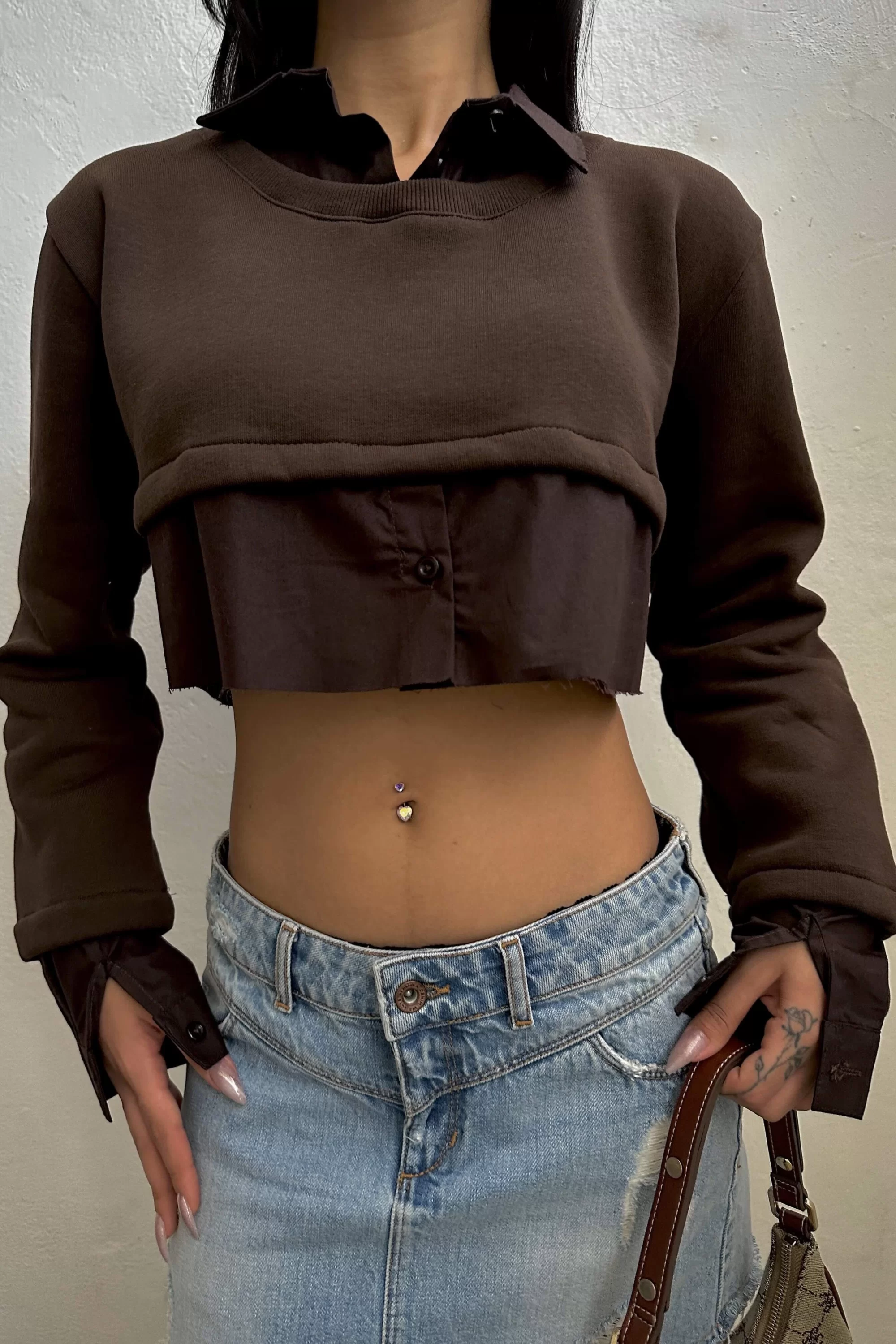 Kadın Kahve Crop Gömlek Sweat 1017-4070