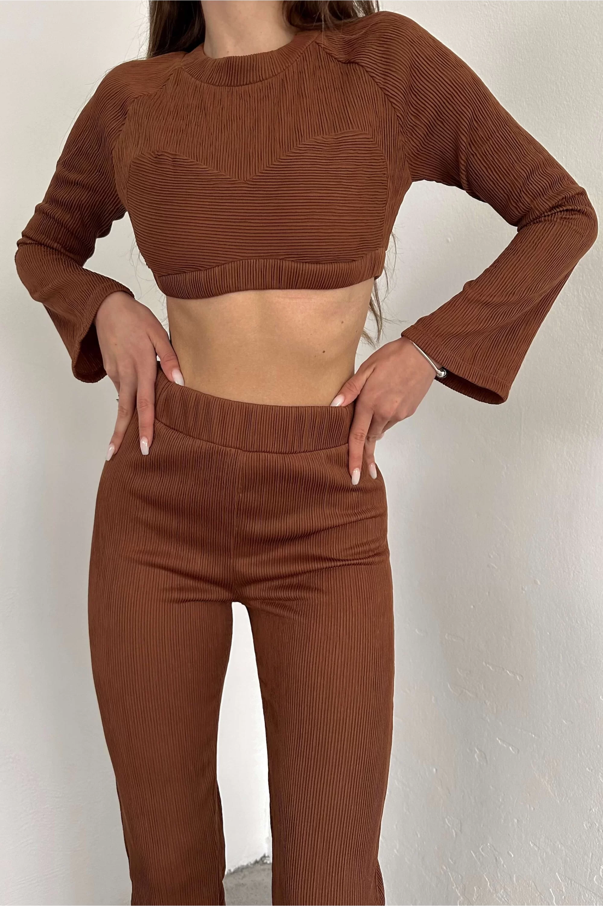 Kadın Kahve Oversize Crop Pantolon Takım 0990-2739