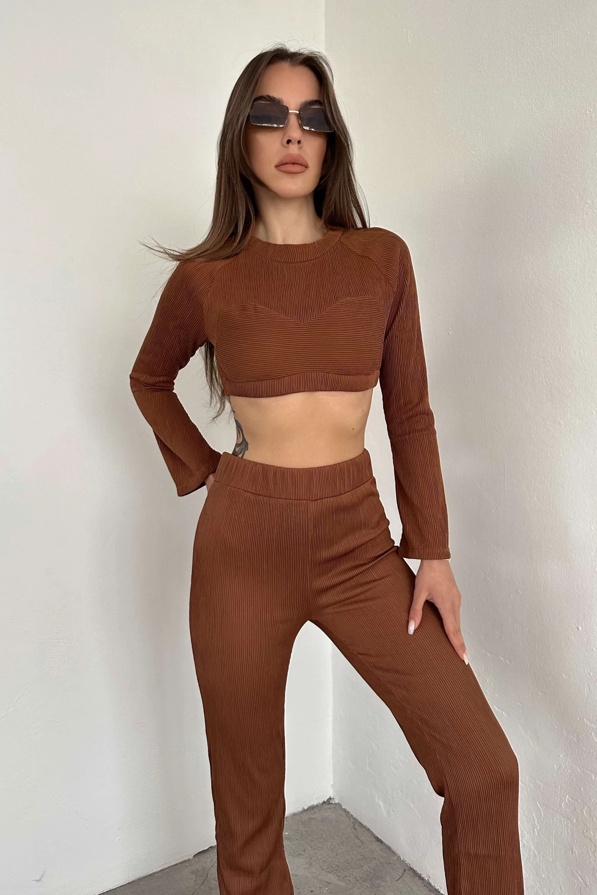 Kadın Kahve Oversize Crop Pantolon Takım 0990-2739