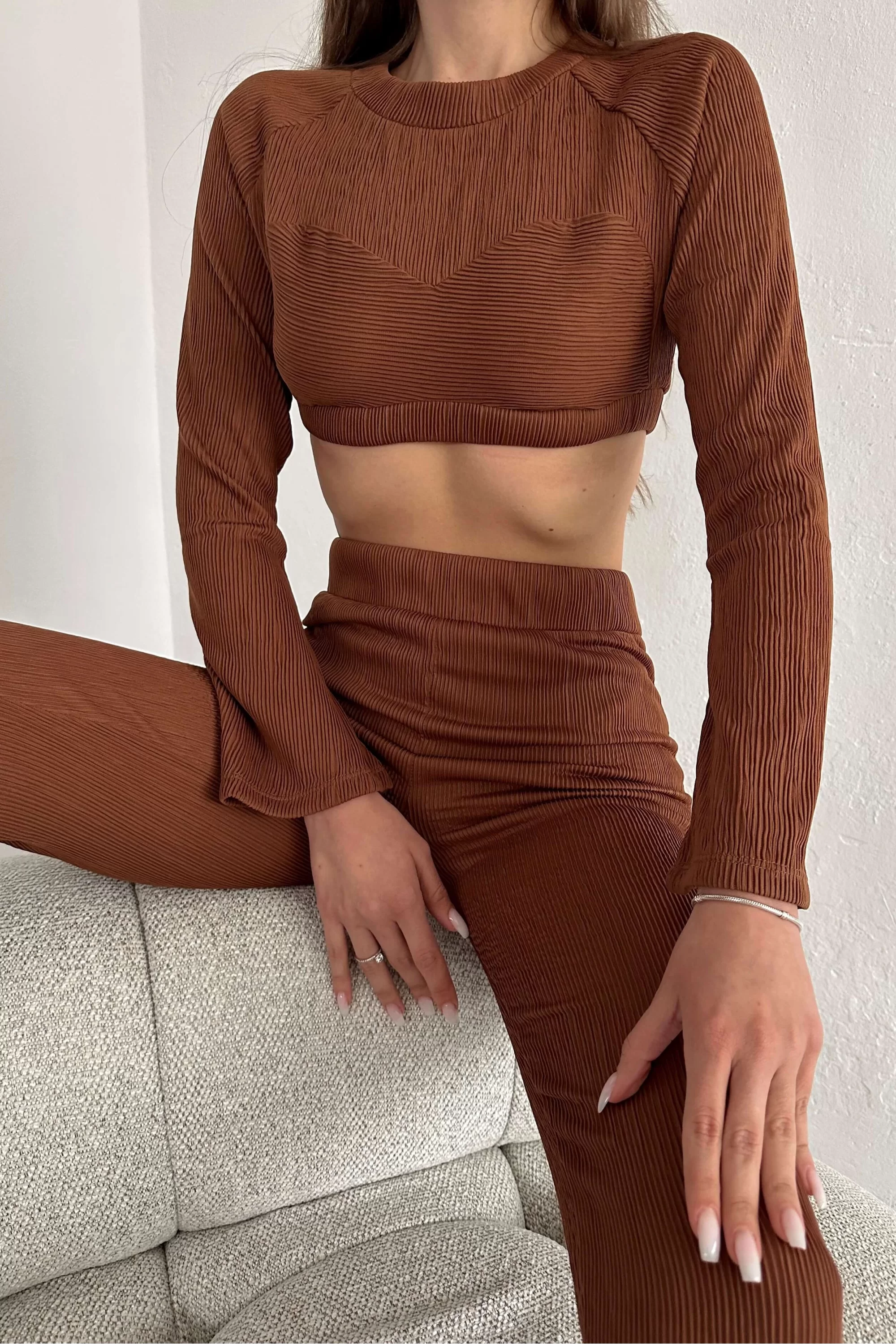 Kadın Kahve Oversize Crop Pantolon Takım 0990-2739