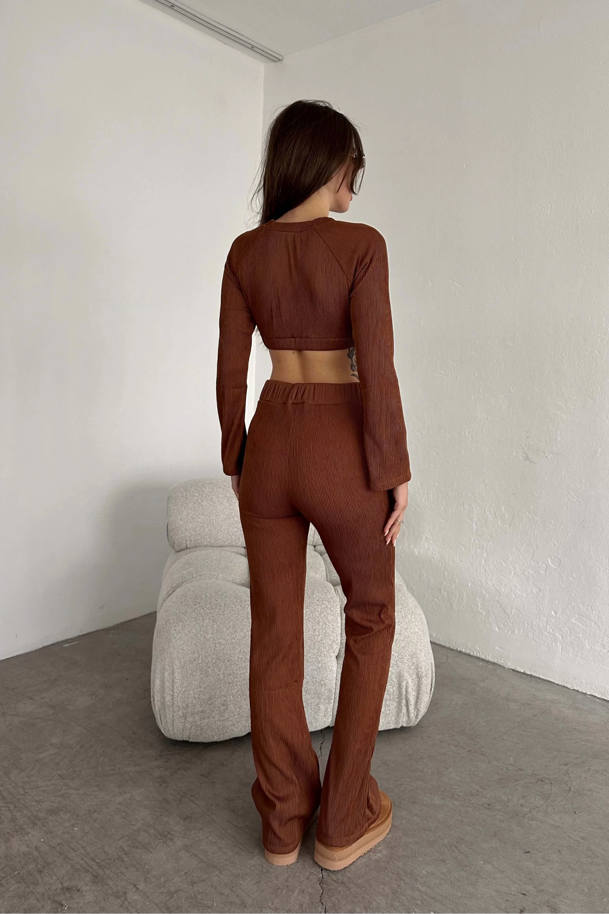 Kadın Kahve Oversize Crop Pantolon Takım 0990-2739