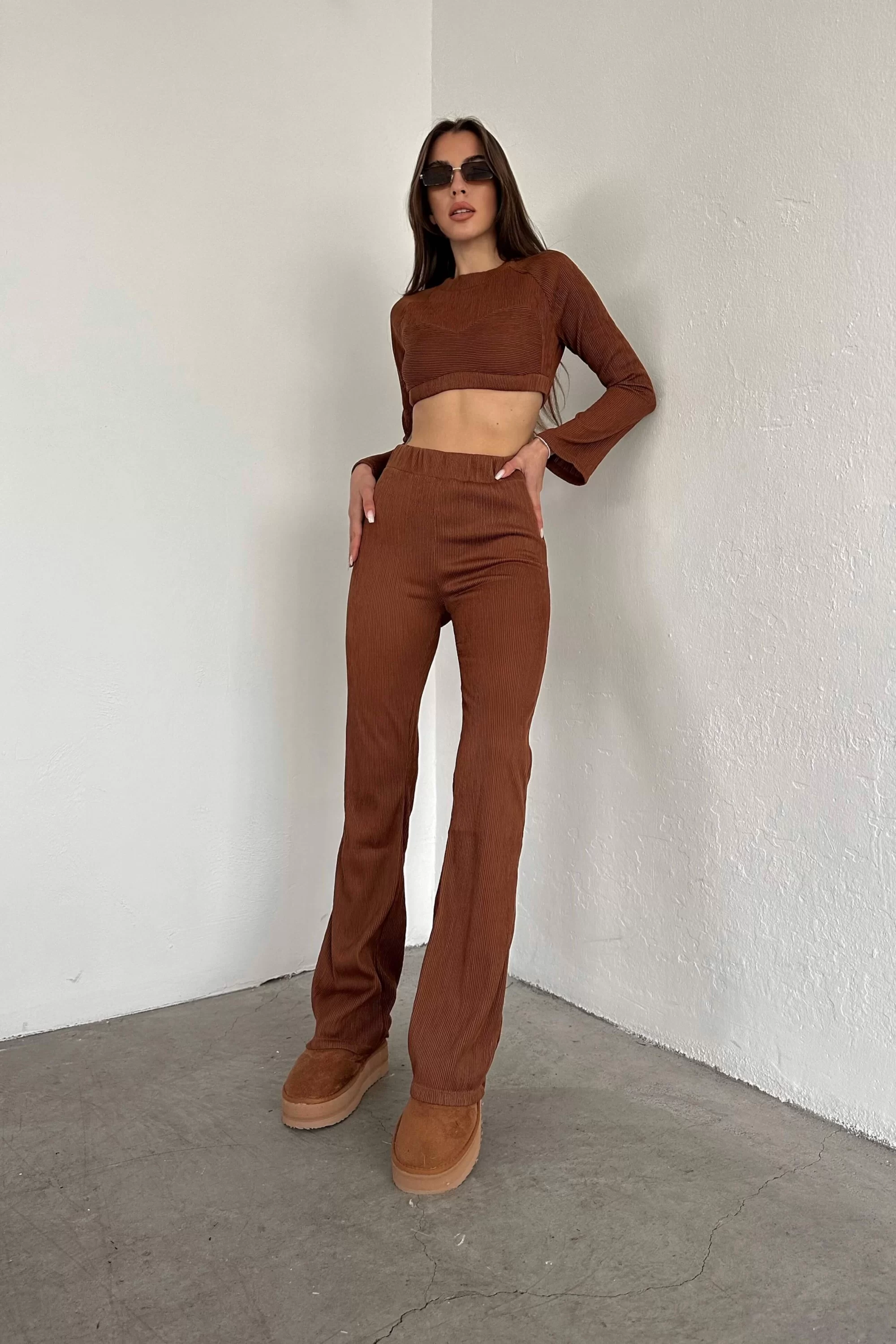 Kadın Kahve Oversize Crop Pantolon Takım 0990-2739