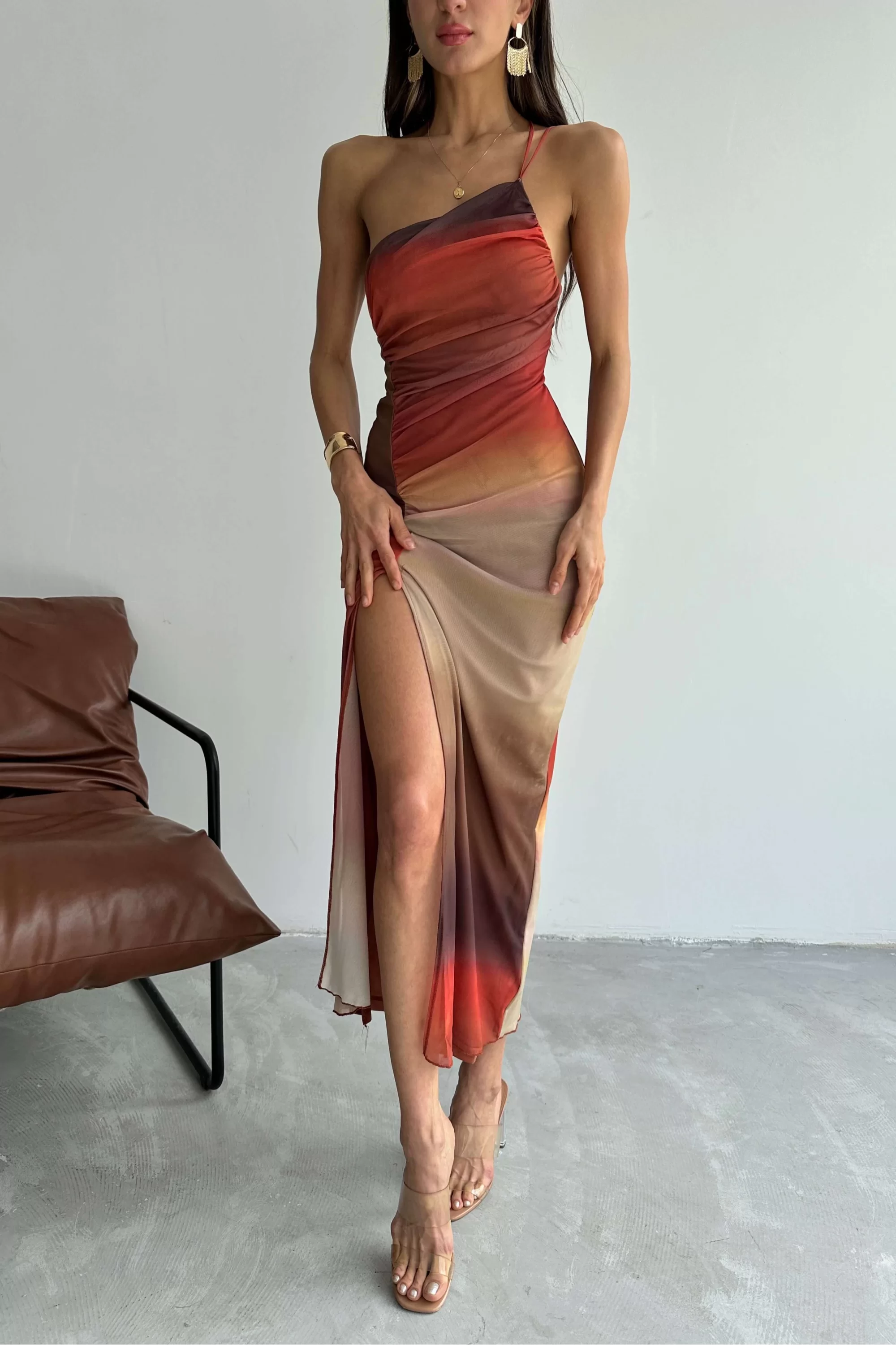 Kadın Kahve Yırtmaçlı Batik Elbise 1007-0463