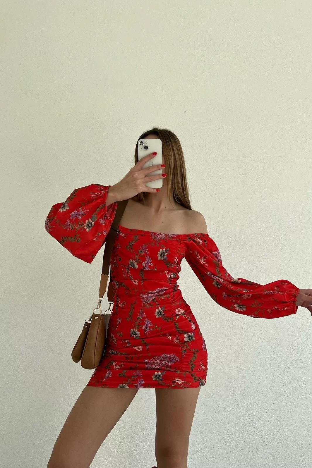 Kadın Kirmizi Büzgülü Çiçek Desen Elbise 0990-231002