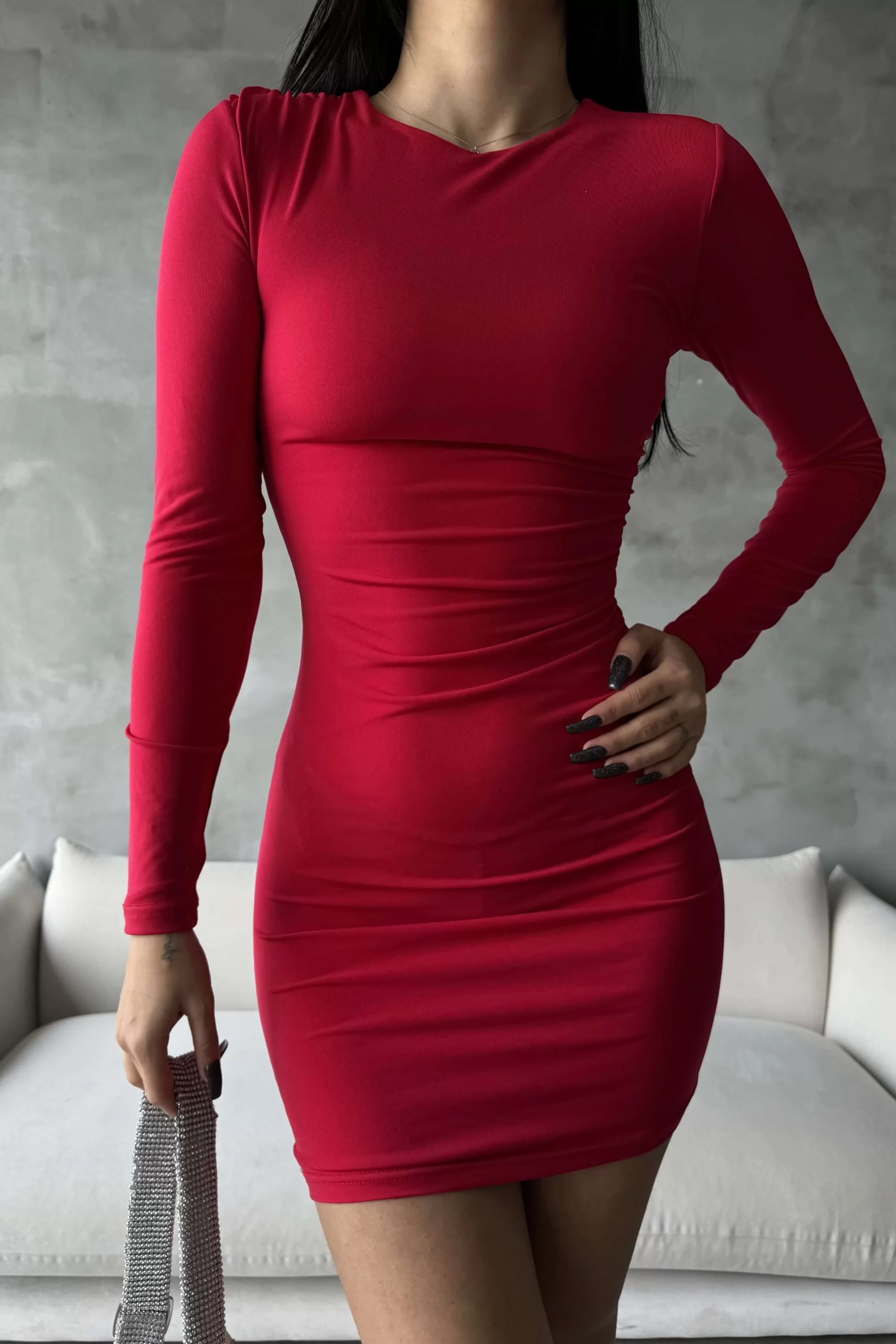 Kadın Kırmızı Büzgülü Kısa Elbise 1009-0843